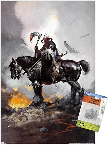 Trends International Frank Frazetta - Póster de pared de Death Dealer 1, 14.72 x 22.37 pulgadas, paquete de póster premium y alfiler