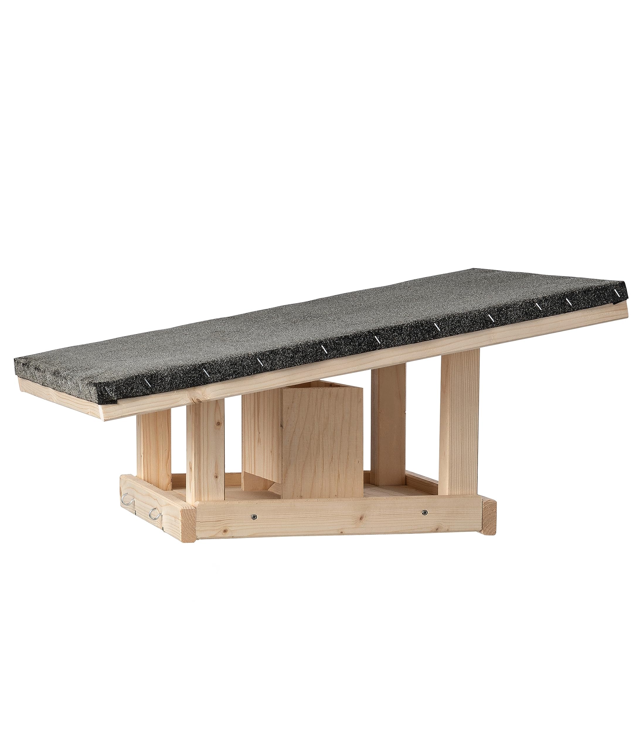 Dehner Natura Premium Wildvogel Futterhaus Rofan, Futterstation für Wildvögel, Vogelhaus robust / stehend, inkl. herausziehbare Schublade, ca. 64 x 30 x 56 cm, Fichtenholz / Bitumen, natur / schwarz