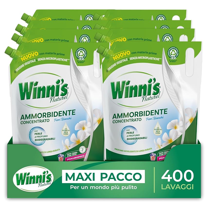Winni's - Ammorbidente Lavatrice Ipoallergenico Concentrato Ecoformato, 400 Lavaggi, Fragranza Fiori Bianchi, Con Perle di Profumo Biodegradabili, 1250 ml x 8 Confezioni
