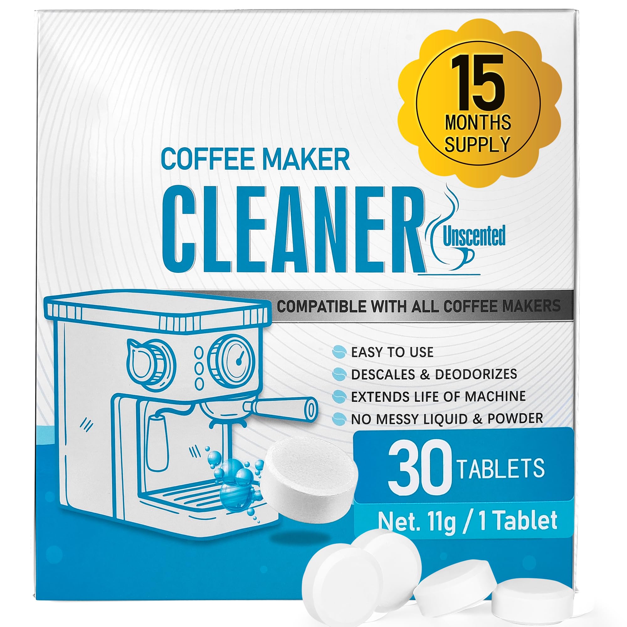 Poesie 30 Count Coffee Machine Cleaning Tablets, Coffee Maker Cleaner and Descaler for All Coffee Machine
