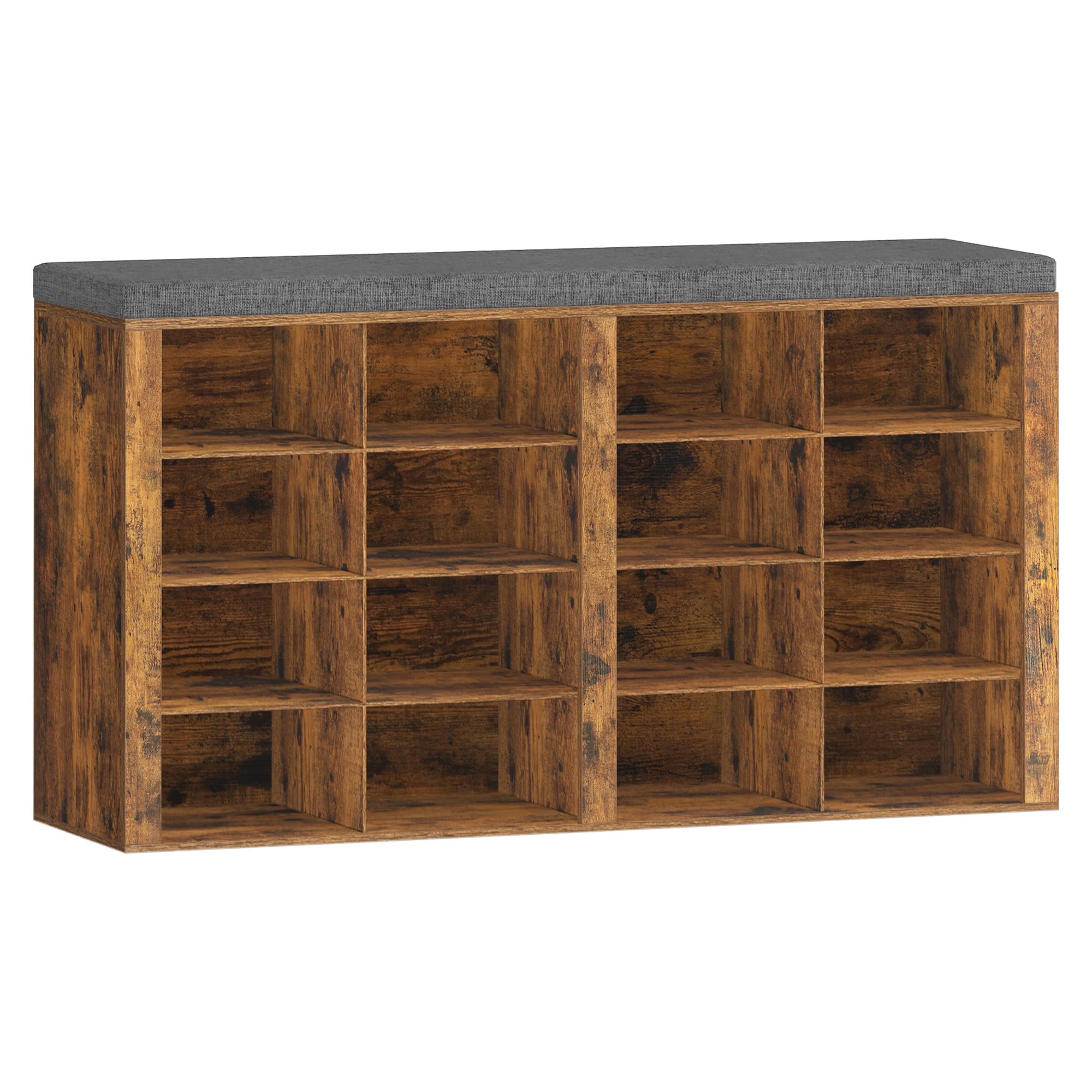 Hzuaneri Shoe Storage Bench with Padded Seat, Shoe Rack Bench with 16 Open Compartments, Adjustable Shelves, Shoes Cabinet with Cushion for Hallway, Living Room, Bedroom, Rustic Brown, SB25601GY