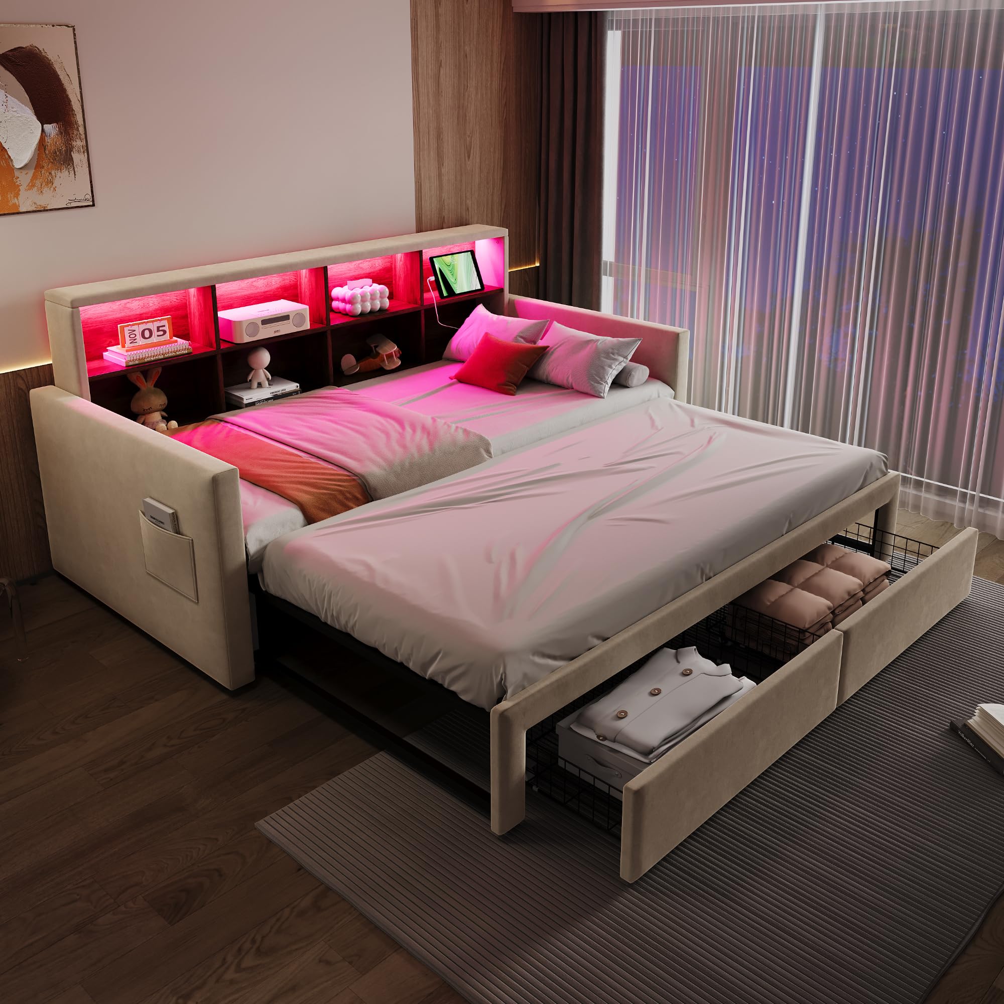 Canapé Lit Gigogne 90x200cm, Lit Simple, Canapé Lit, Lit Pour Adultes Enfants Et Adolescents Flanelle Beige 83831784