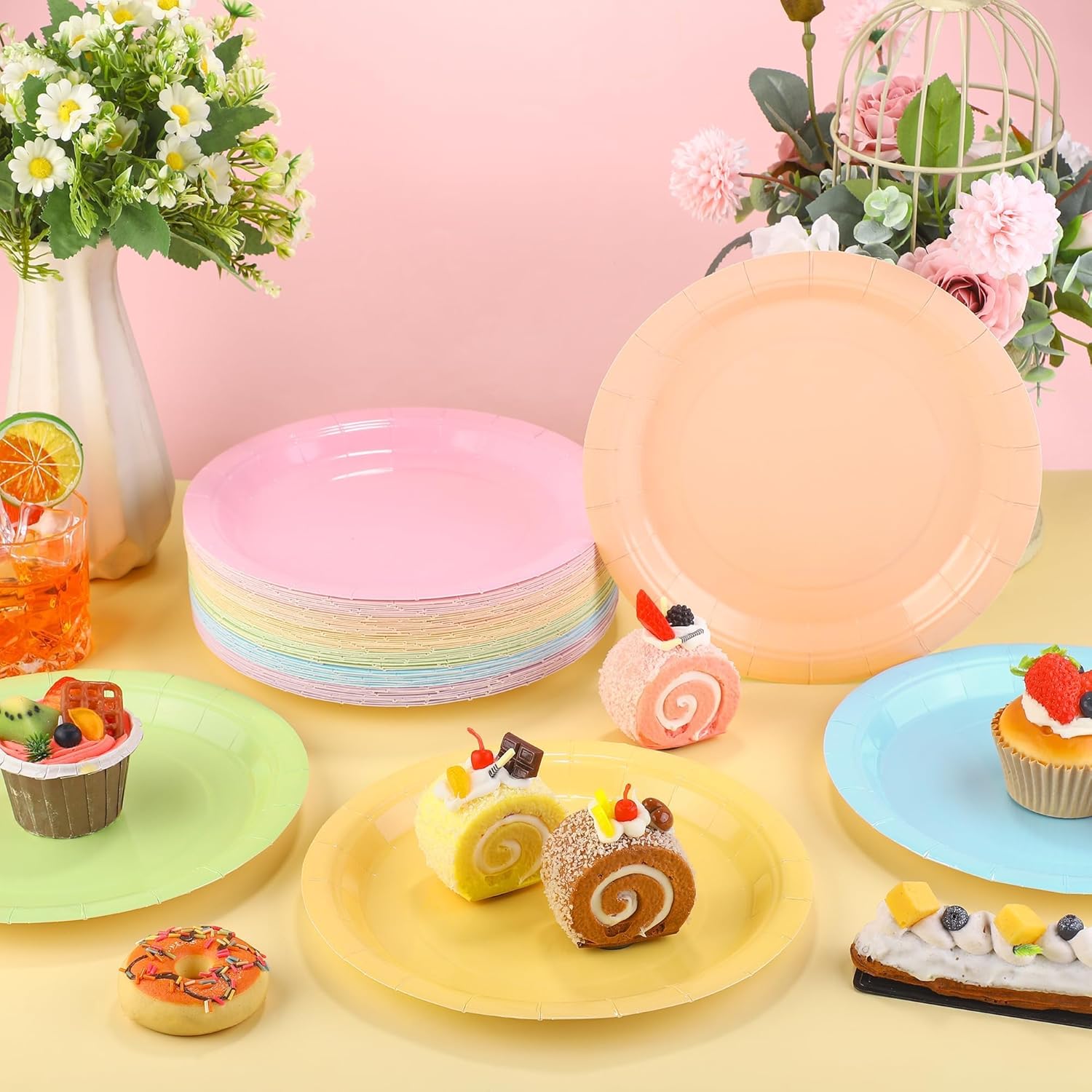 Kochorie 150 Pieces Pastel Rainbow Disposable Paper Plates 9 Inch Heavy Duty Dinner Plates, Solid Color, Table Decorations Party Supplies for Birthdays, Weddings, Daily Use