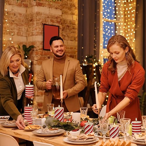 Miniatura 5 de Velas de pilar sin llama de rayas rojas con temporizador, velas parpadeantes de cera real que funcionan con pilas para decoración del hogar de