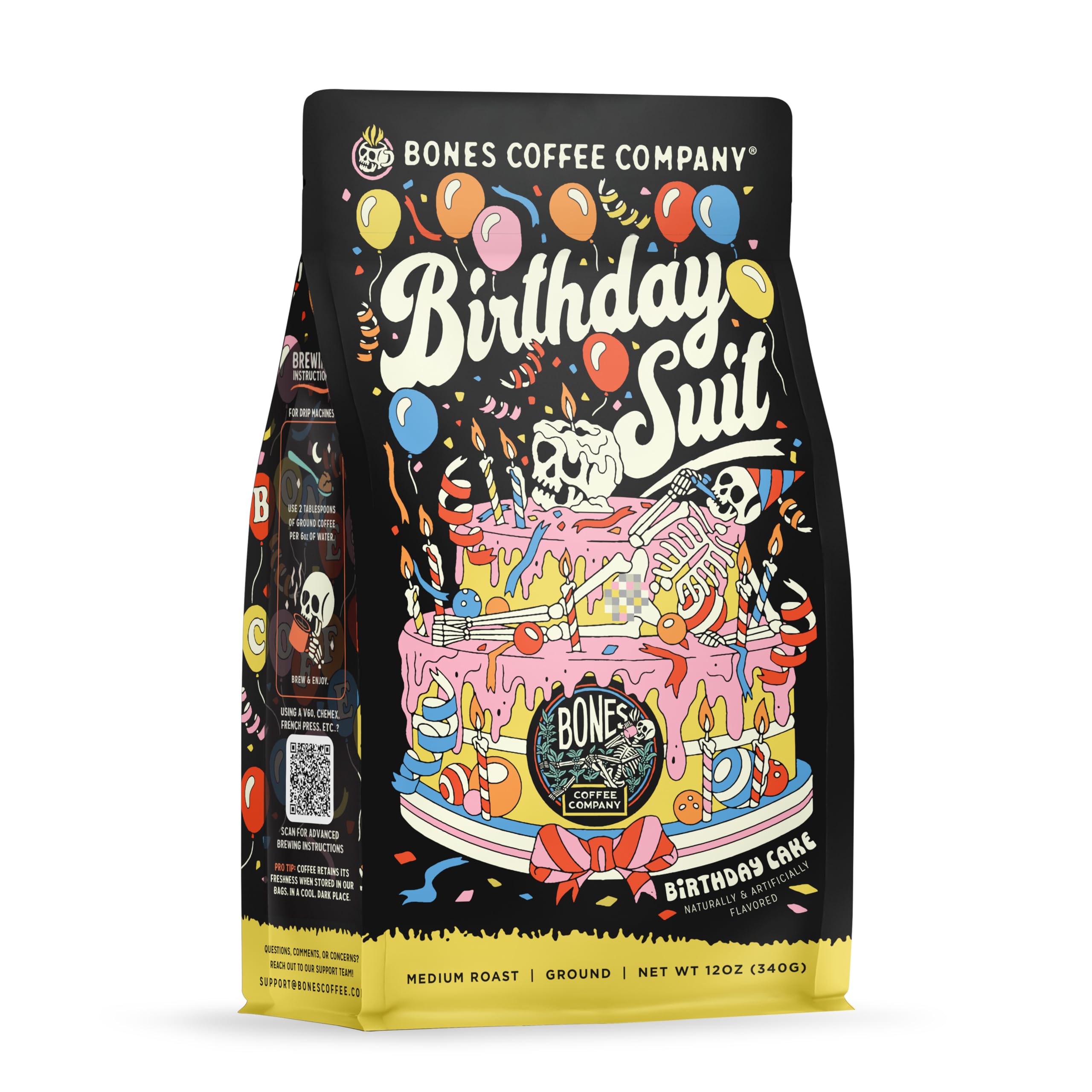 Bones Coffee Company Birthday Suit, Birthday Cake Flavored Coffee, Medium Roast Low Acid Arabica Beans Compatible with Auto drip and French Press