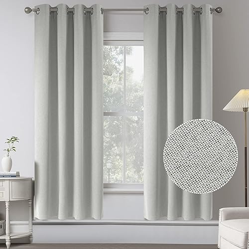 Cortinas opacas 100% de lino texturizado de arpillera blanca para dormitorio, 63 pulgadas de largo, ahorro de energía, aislamiento térmico, cortinas