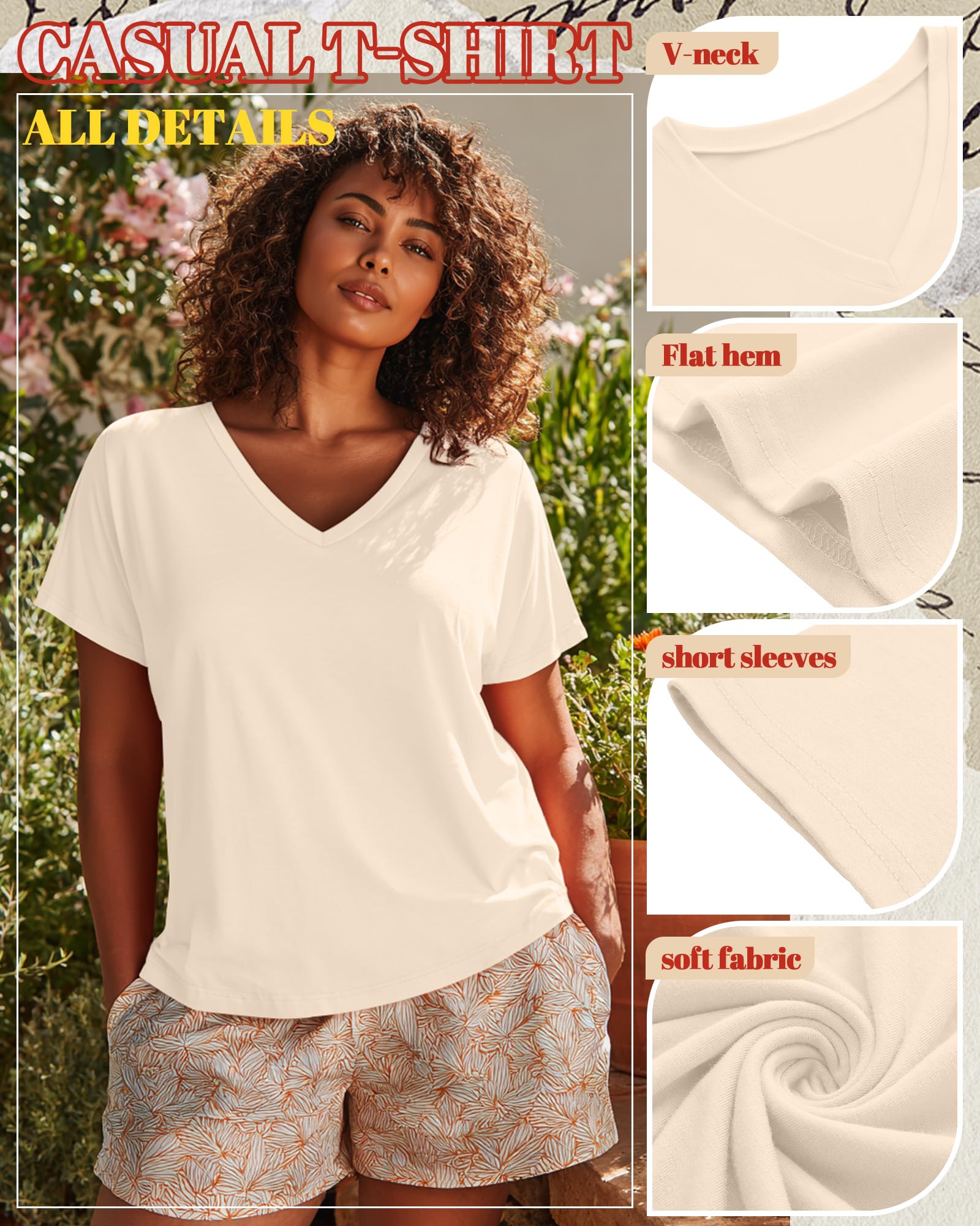 Neer Paquete de 3 camisetas de manga corta con cuello en V para mujer, dobladillo plano, básicas, holgadas, informales, para mujer