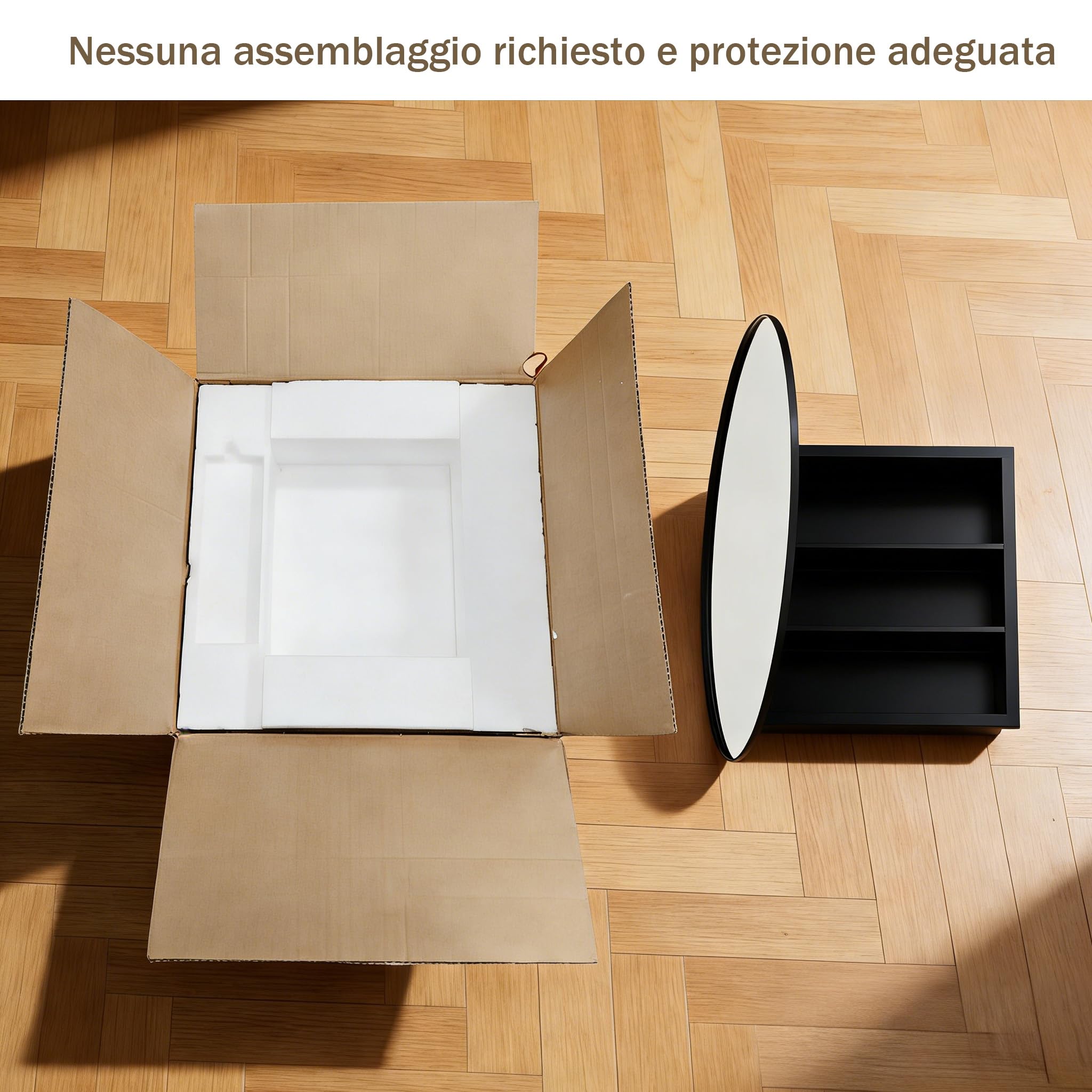 Specchio Bagno Contenitore Rotonda Armadietto Bagno a Parete in Metallo con 2 Mensola Nero (Nessun assemblaggio richiesto) 52 x 52 x 12.5 cm
