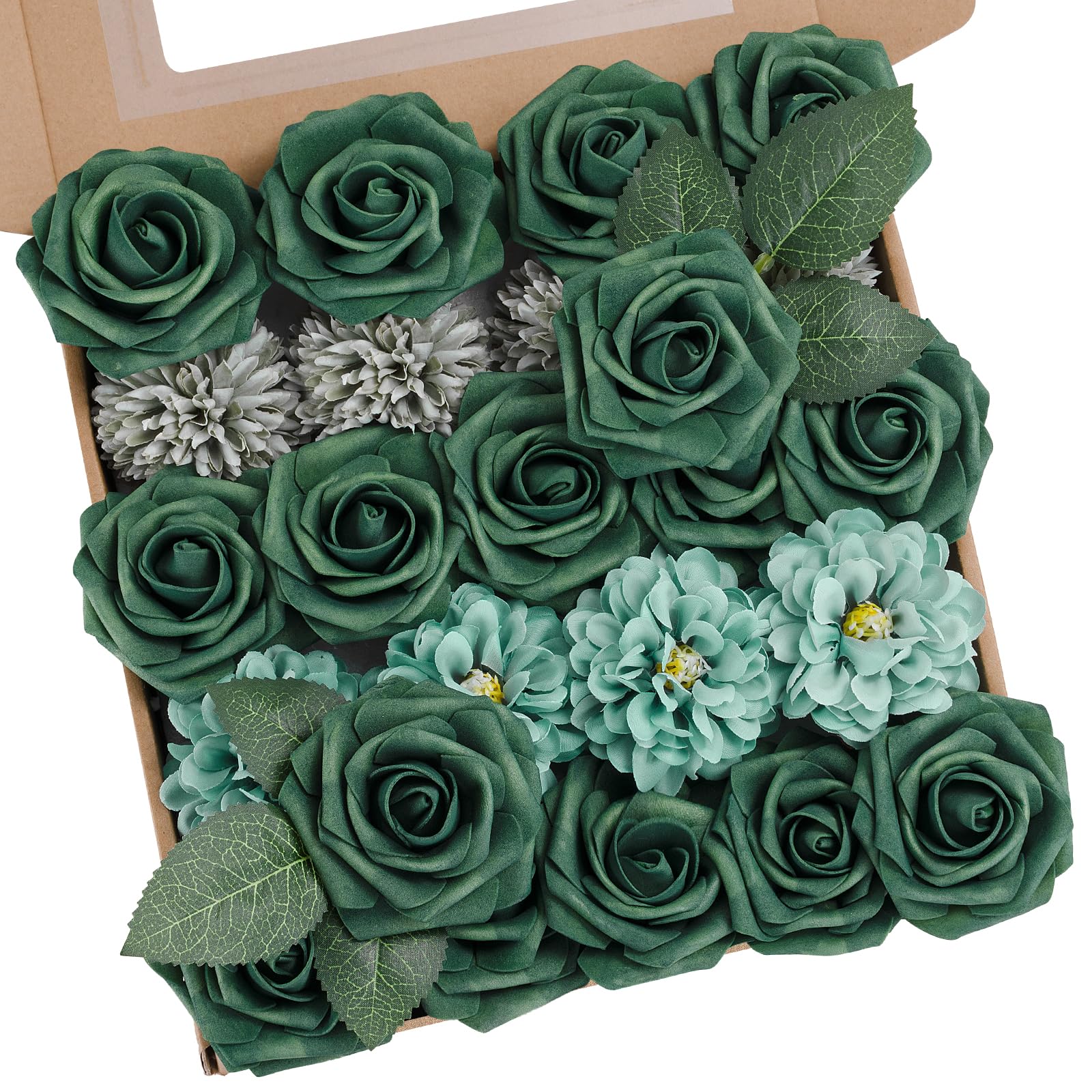 BSMYBO 23pcs Green Flower Artificial Roses Faux Flowers with Stems Mix Fake Roses Dahlia Chrysanthemum Ball for Wedding Bridal Bouquets, Table Centerpieces, Baby Shower, Party, Home Decorations