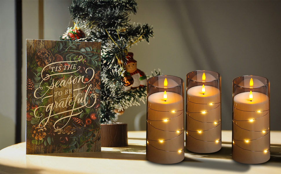 Image of Flickering Flameless Candles with Remote Timer, 6pcs LED Battery Operated Candles with Embedded String Lights Grey, Fall Halloween Candles Decor for Home, D3 H6