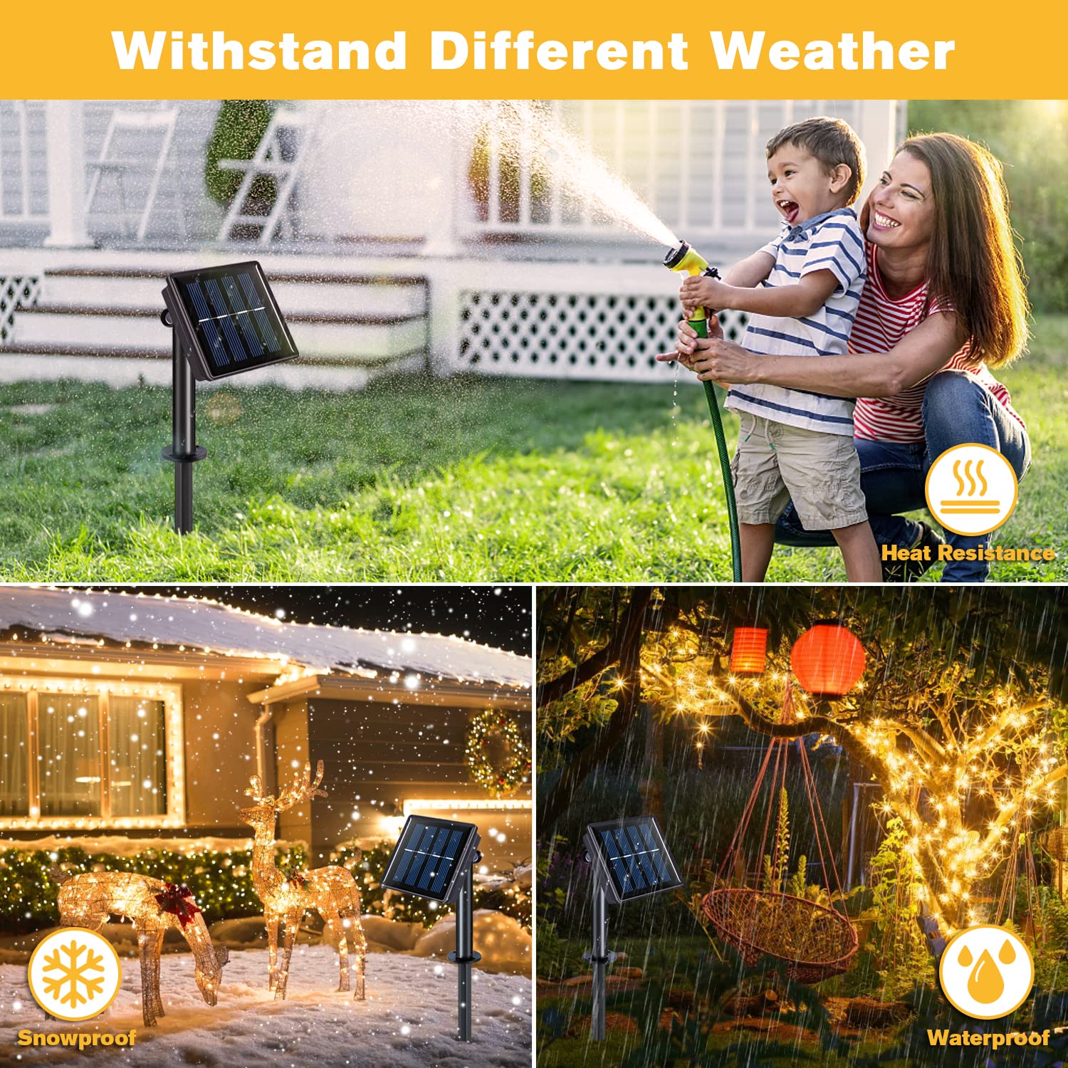 JMEXSUSS Lot de 4 guirlandes lumineuses solaires à 100 LED, 10 m, blanc chaud, étanche, 8 modes, fil de cuivre, lumières solaires scintillantes pour jardin, cour, arbre, mariage