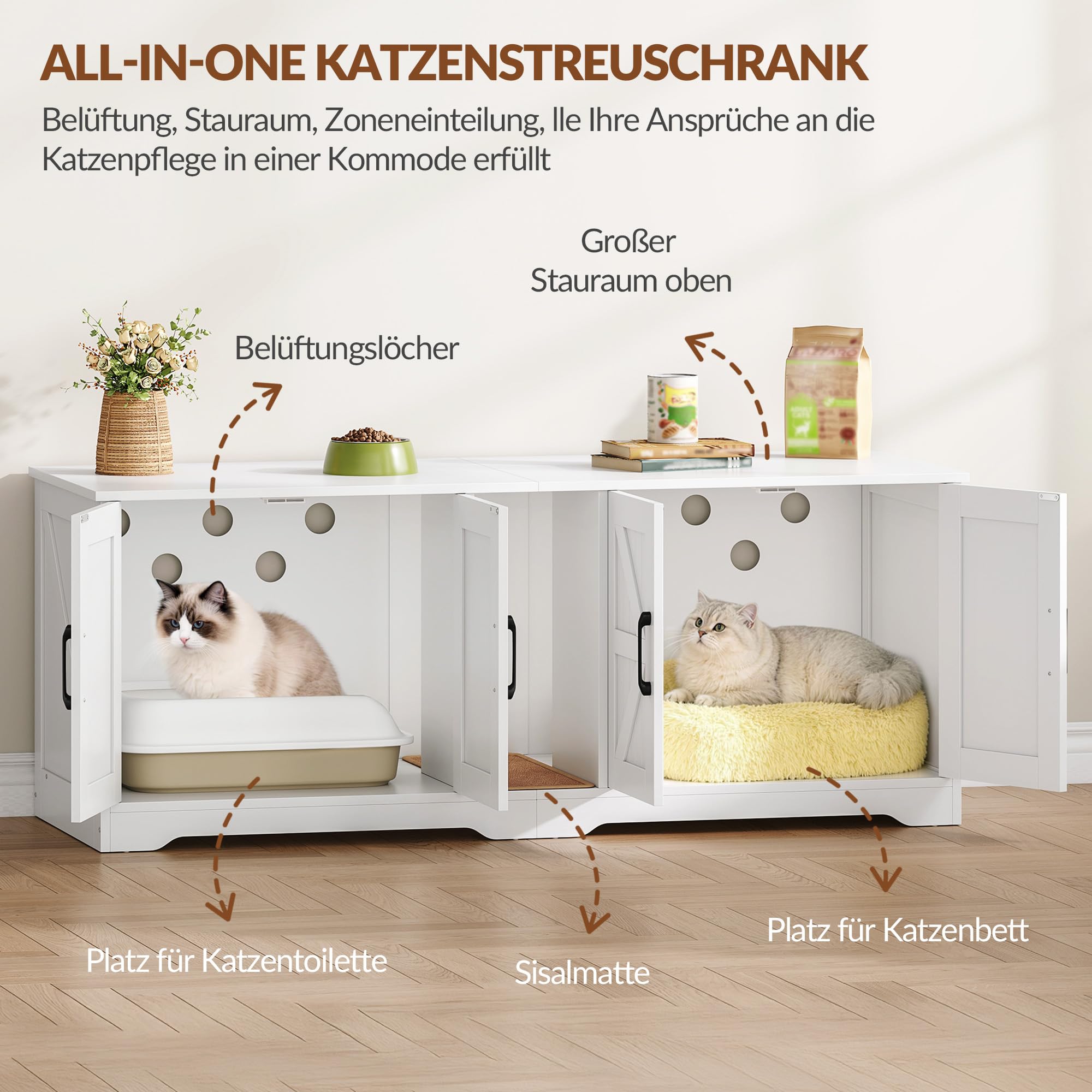 Katzenklo Schrank für 2 Katzen, Katzenklo Versteckt Schrank Möbel, Katzenhaus Holz Beistelltisch mit Kratzmatte, für Wohnzimmer und Schlafzimmer, 140 x 50 x 55 cm, Weiß, FPCB103PW1