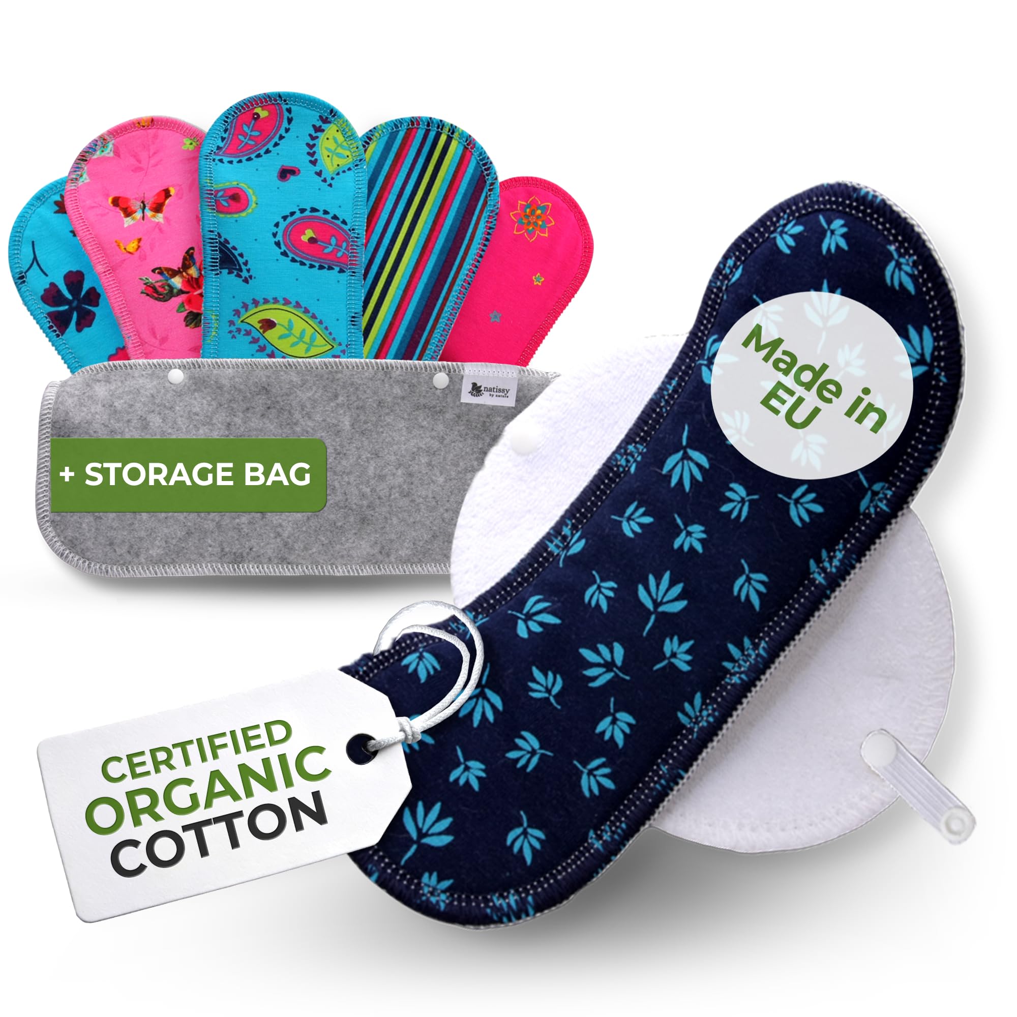 Compresas reutilizables en algodón orgánico para flujo ligero (S+M, 6 uds.); lavables a alta T°, HECHAS EN LA UE; suaves y no irritantes, compresas de tela para una higiene menstrual cómoda de mujeres — view 18