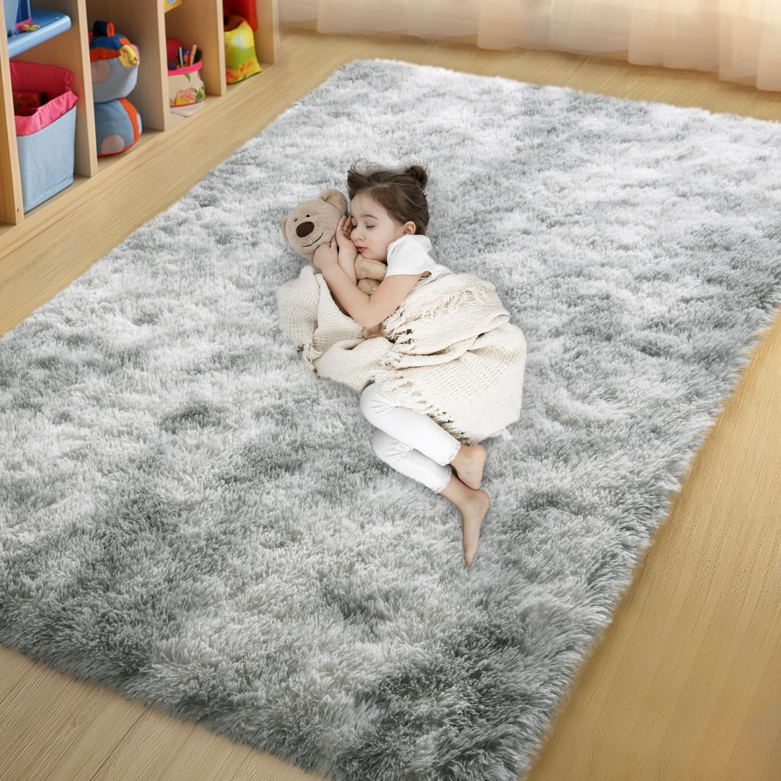 qulint Grey Rug for Bedroom 4x6, Fluffy Soft Shag Living Room Rug Fuzzy Plush Small Nursery Rug, Plush Shaggy Modern Alfombras for Boys and Girls Dorm