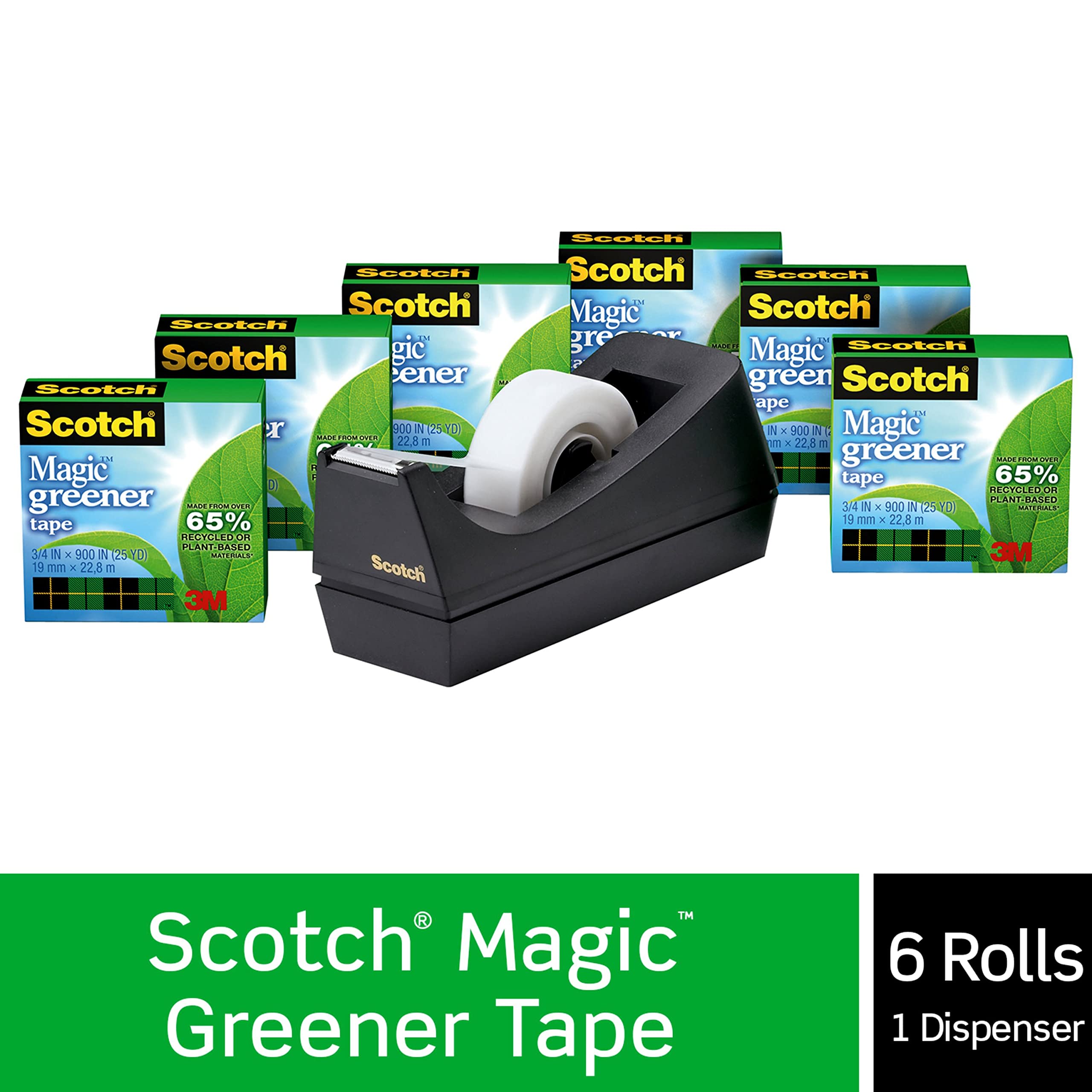 Scotch Magic Greener Klebeband mit C38 Tischabroller, Standardbreite, entwickelt für Reparaturen, das Original, 1,9 x 2244 cm, in Box, 6 Rollen, 1 Spender (812-6PC38)