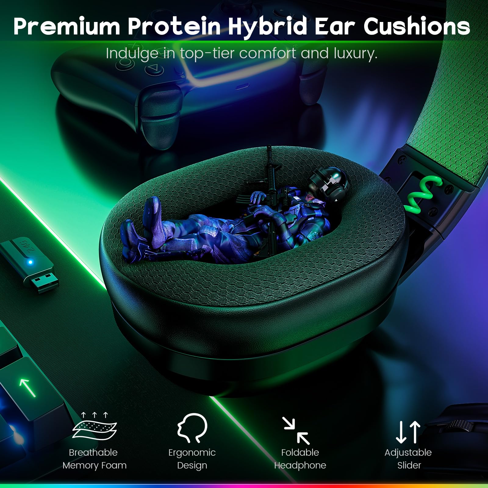 WESEARY WG3 Casque Gaming sans Fil, 2,4 GHz Casque Bluetooth sans Fil avec Micro pour PS5, PS4, PC, Switch, Mac, Mobile, Casque Gaming Pliable avec Son Stéréo et Éclairage LED, Batterie de 50h