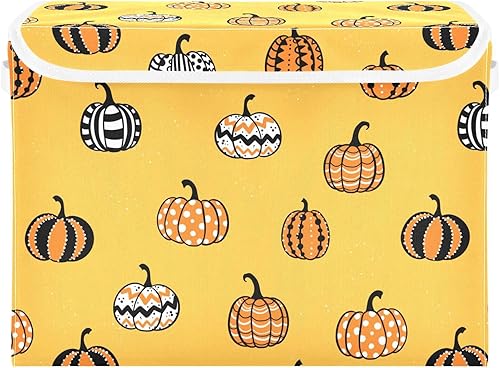 Ollabaky Contenedor plegable de almacenamiento con tapa, con diseño de calabaza de Halloween, caja de almacenamiento, organizador grande, cestas con