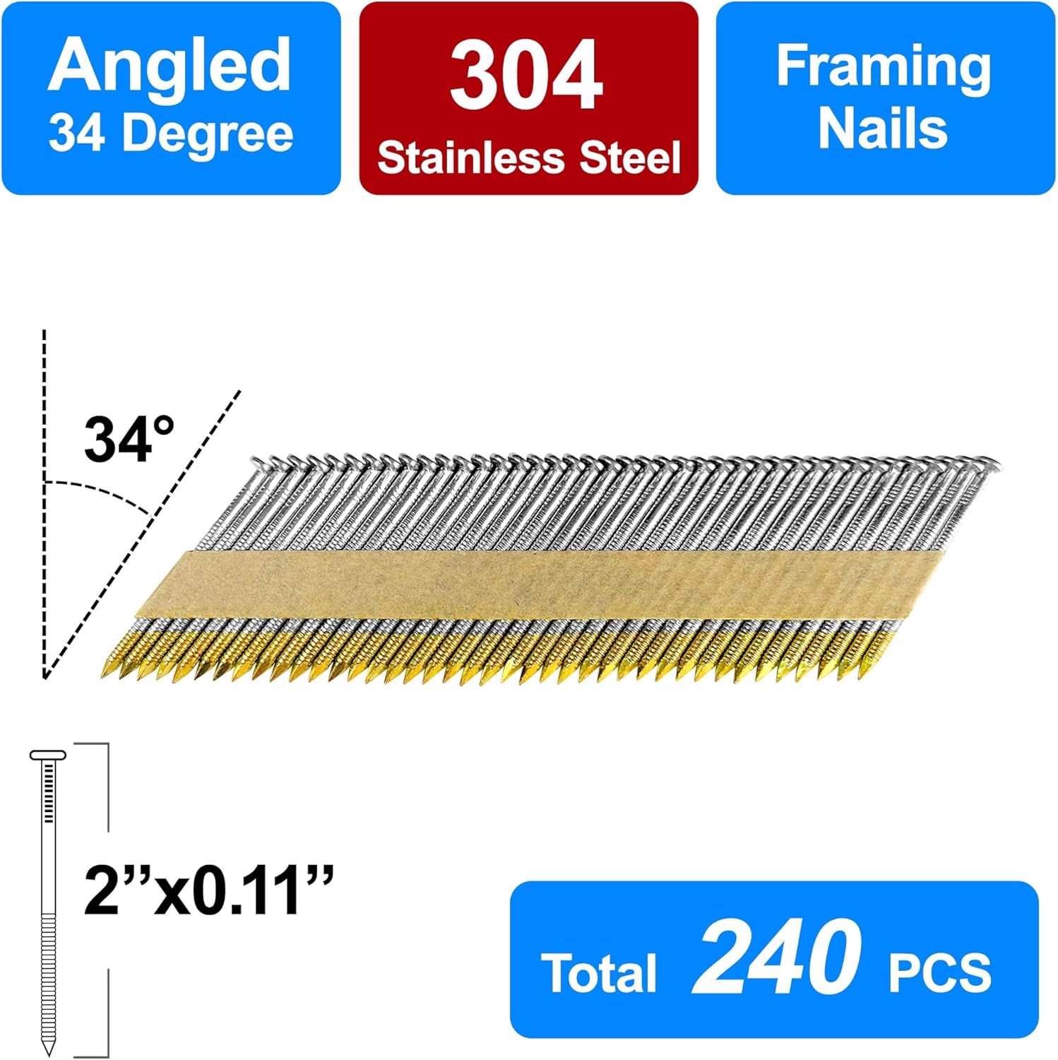 34-30 Degree Framing Nails 304 Stainless Steel D Head 2" Ring Shank Paper Tape Strip Nails for 30 to 34 degree Framing Nailer(2"-240 pcs)
