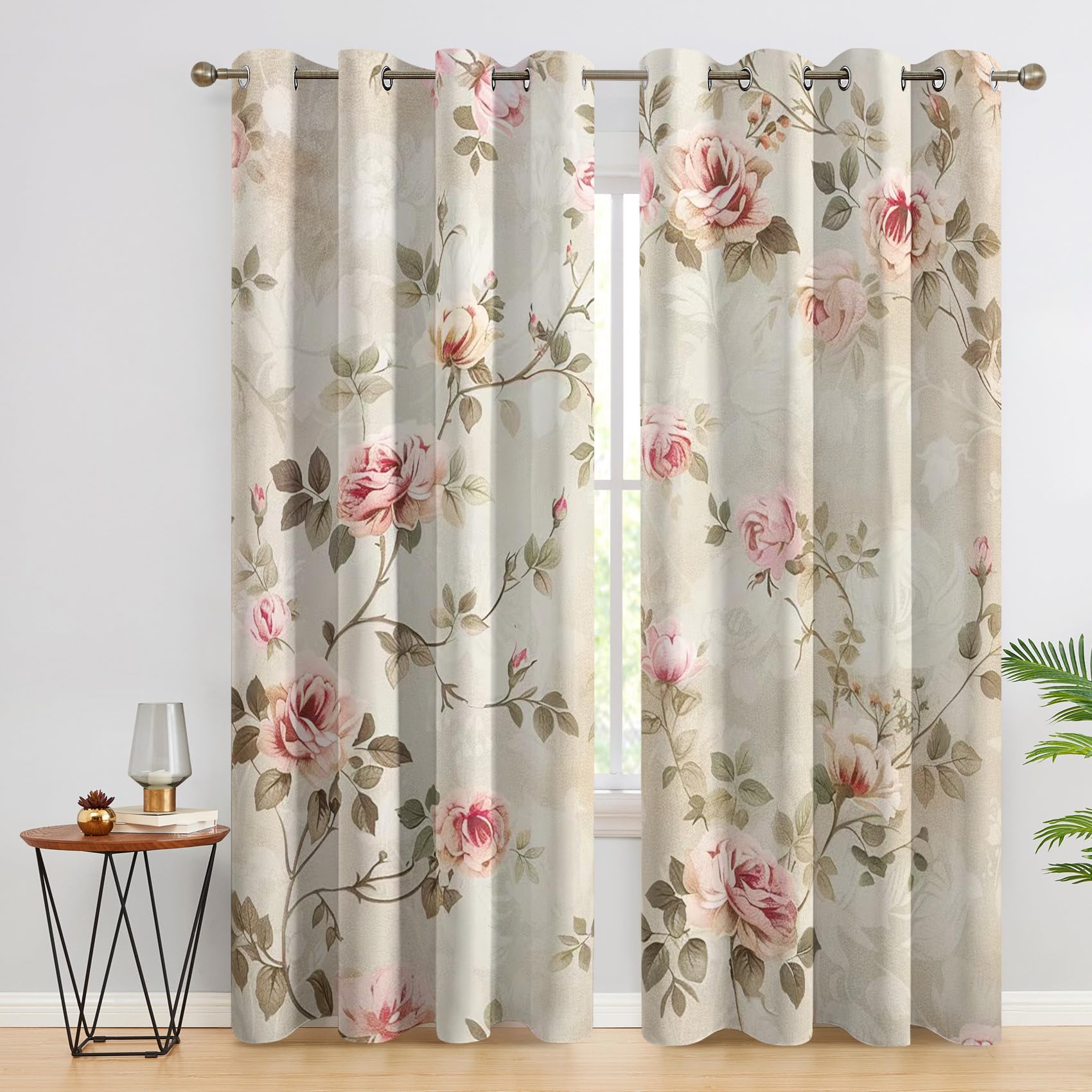 Rideaux Occultant Fleurs Rustique Vintage, Rideau Isolant Thermique pour Salon Chambre, Rideaux Motif Floral Rose, Lot de 2 Rideaux Opaque à Oeillets 140x240cm LxH