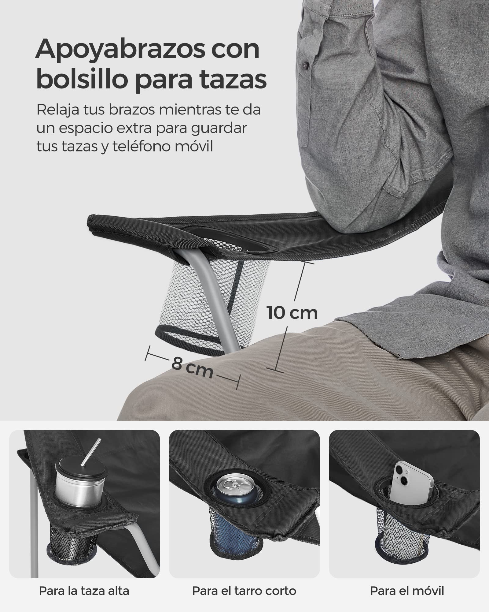 SONGMICS Sillas de Camping, Juego de 2 Sillas de Exterior, Respaldo Alto, Apoyabrazos, Bolsillo para Tazas, Portátil, Plegable, Carga de 150 kg, Acampada, Jardín, Pesca, Terraza, Negro GCB08BK