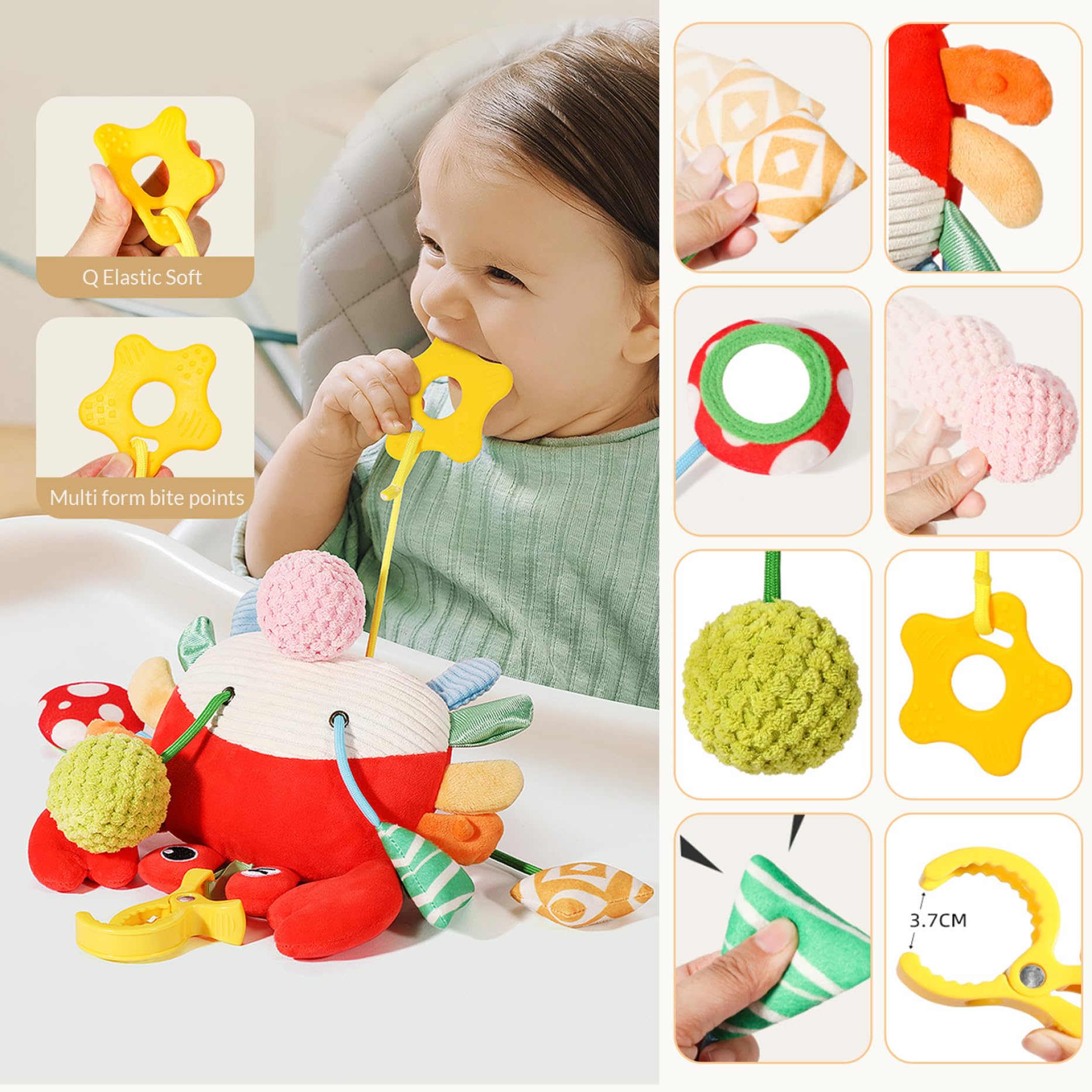 Xweptuy Jouets de siège de Voiture, Jouets Suspendus en Spirale en Peluche pour bébé pour Poussette, Barre Berceau, siège Voiture Mobile avec boîte à Musique-Forme Crabe