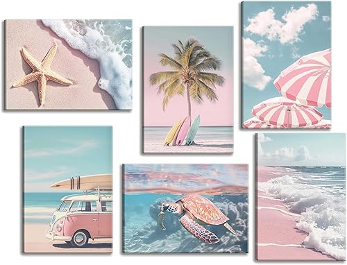 6 piezas de arte de pared de verano rosa fresco tropical océano estampado de sillas de playa estrellas de mar tabla de surf palmera decoración de