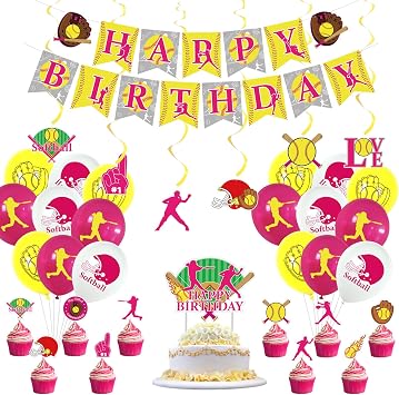 Softball Party Decorations, Softball Party Supplies Includes Softball Banners, Cake Toppers, Hanging Swirls, and Balloons for Girls Birthday