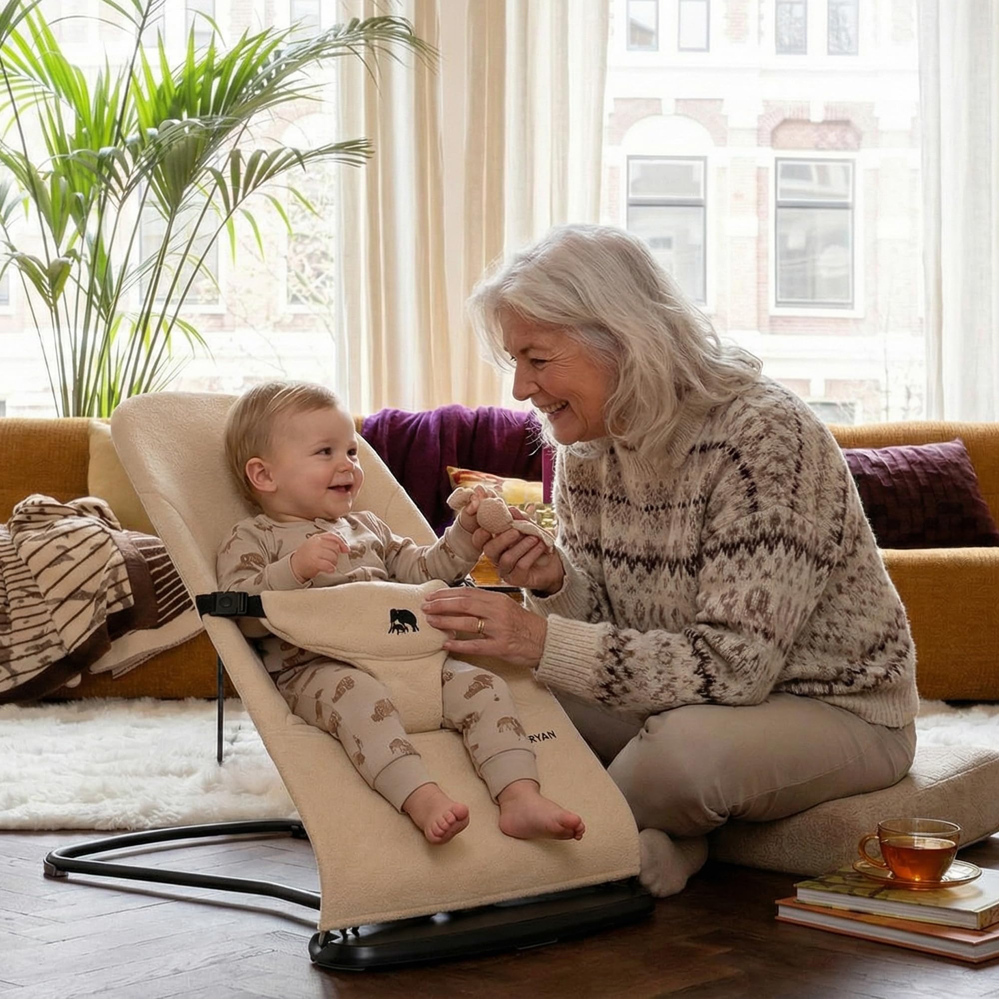 Deryan Teddy Bouncer krzesło kołyskowe 3 w 1 – huśtawka dla niemowląt z wkładką dla noworodków, składana i lekka, ergonomiczny kołyskak dla noworodków od urodzenia do małych dzieci - kremowy