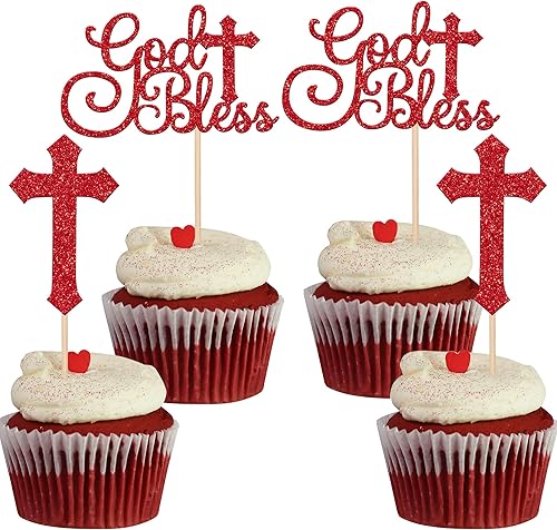 Rsstarxi Paquete de 24 adornos para cupcakes con purpurina y cruz que Dios bendiga y bendiga para magdalenas, para la primera comunión cristiana,
