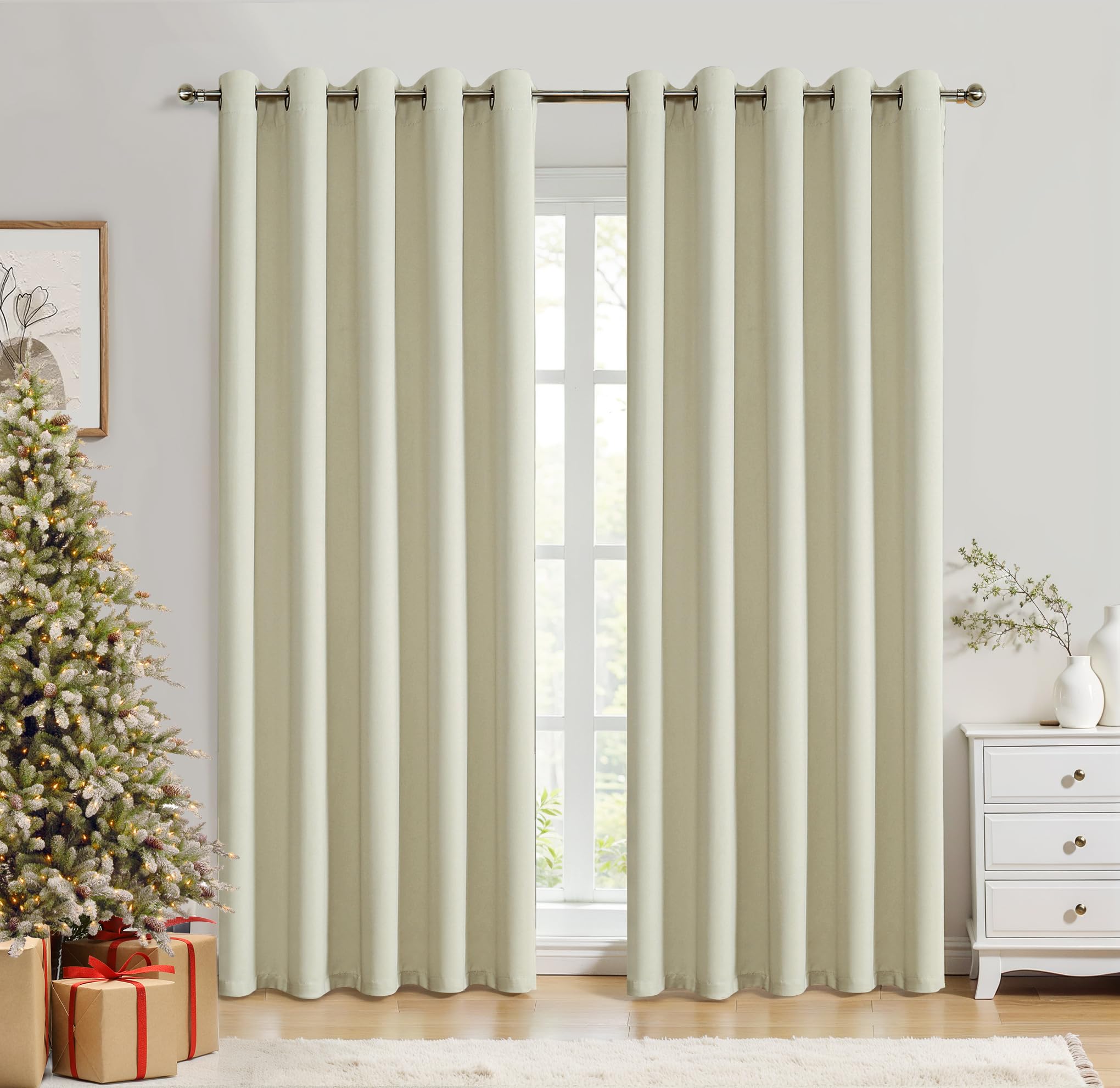 Bujasso Natural 90% Blackout Curtains 90 inches Thermal Insulated Room Darkening Draps for Living Room Bedroom Luxury Energy Saving Window Treatment Sets Grommet Top 2 Panels 65" Wx90 L