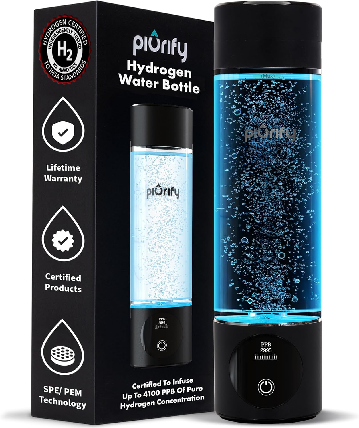 Hydrogen Water Bottle Generator - Up to 4100+ PPB Concentration - SPE/PEM Technology - Certified H2 Generator - Portable Athletic Performance & Hydration System - 6-Hour Hydrogen Retention
