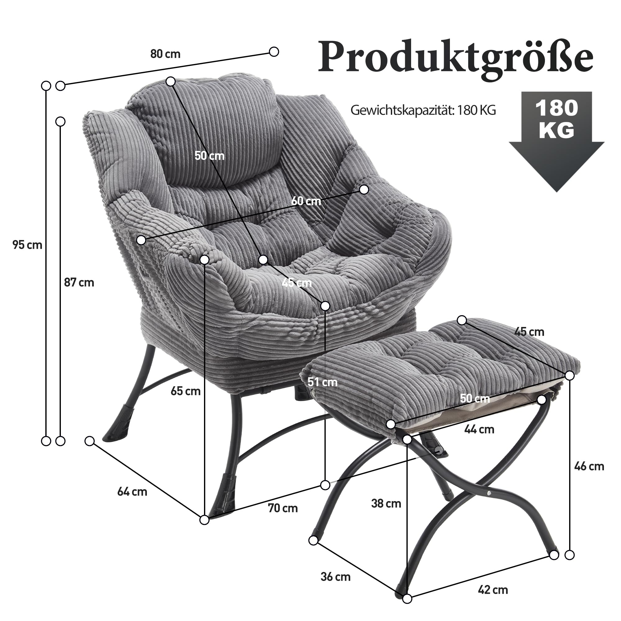 Faulenzersessel mit Ottomane, Relaxsessel mit Hocker – Schlafzimmerstuhl für Erwachsene, moderner Lounge-Akzentstuhl mit Armlehnen, ergonomische Fußstütze