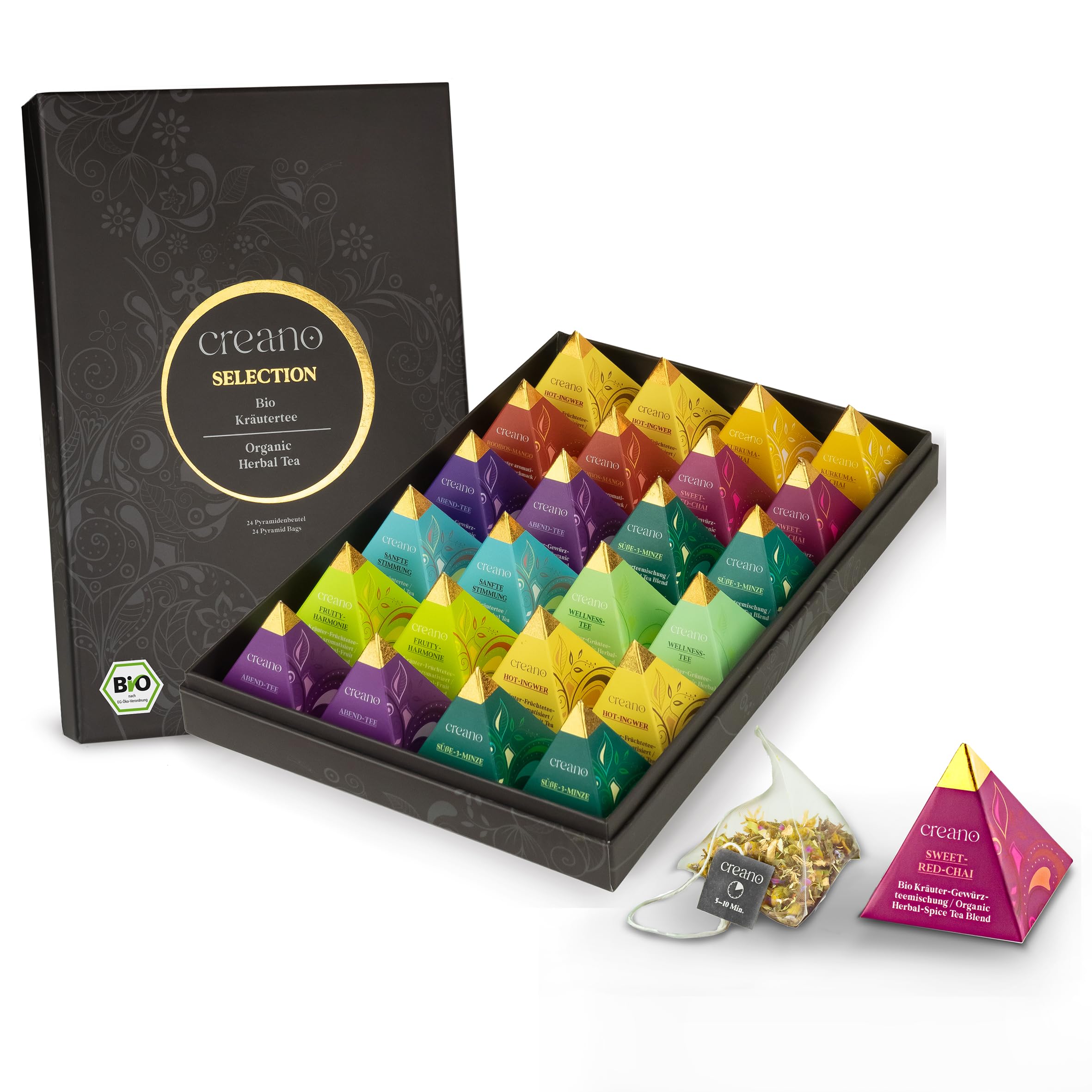 Creano Premium Bio Kräutertee Geschenkset „ORGANIC HERBAL TEA“ - 24 Pyramiden-Teebeutel in 9 unterschiedlichen Sorten - 60g - NEUHEIT 2024*