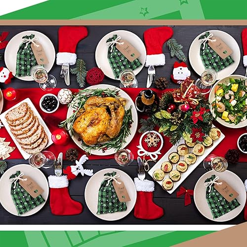 Vista 20 de Shappy 24 bolsas de regalo de Navidad con cordón, bolsas de Adviento de arpillera a cuadros de Navidad, 7 x 5 pulgadas, bolsa de lino para dulces