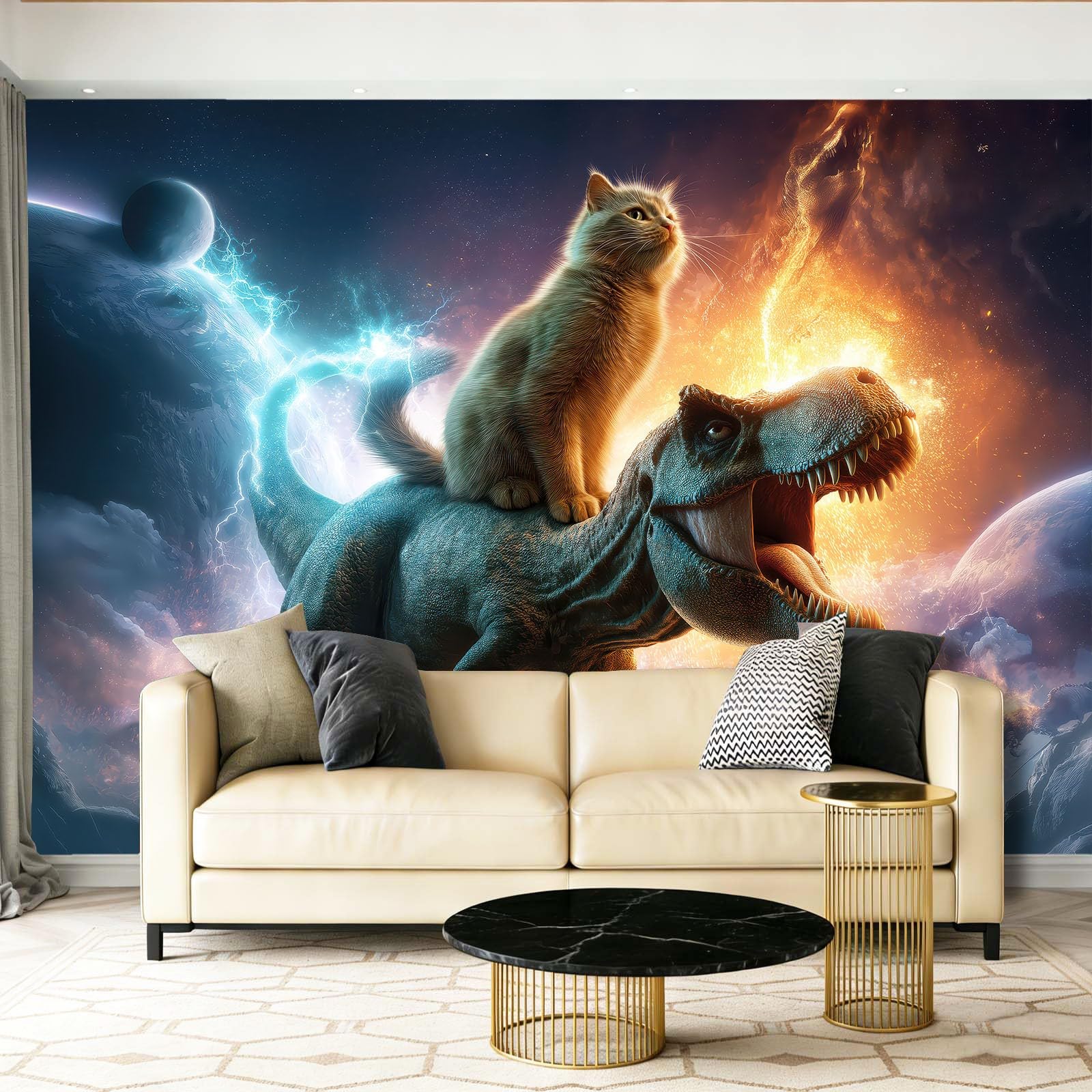 Tapeta 350 x 256 cm, panoramiczna tapeta z włókniny fantastyczne koty dinozaury błyskawica, kolorowe dekoracje ścienne plakat z nadrukiem 3D gobelin