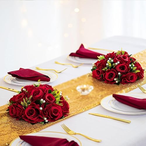 Miniatura 68 de BLOSMON Centros de mesa de flores para mesas de boda: 10 piezas de rosas artificiales rojas carmesí decoración de bolas - 9.5 pulgadas de seda falsa