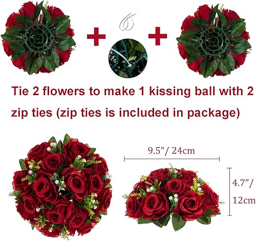 Miniatura 33 de BLOSMON Centros de mesa de flores para mesas de boda: 10 piezas de rosas artificiales rojas carmesí decoración de bolas - 9.5 pulgadas de seda falsa