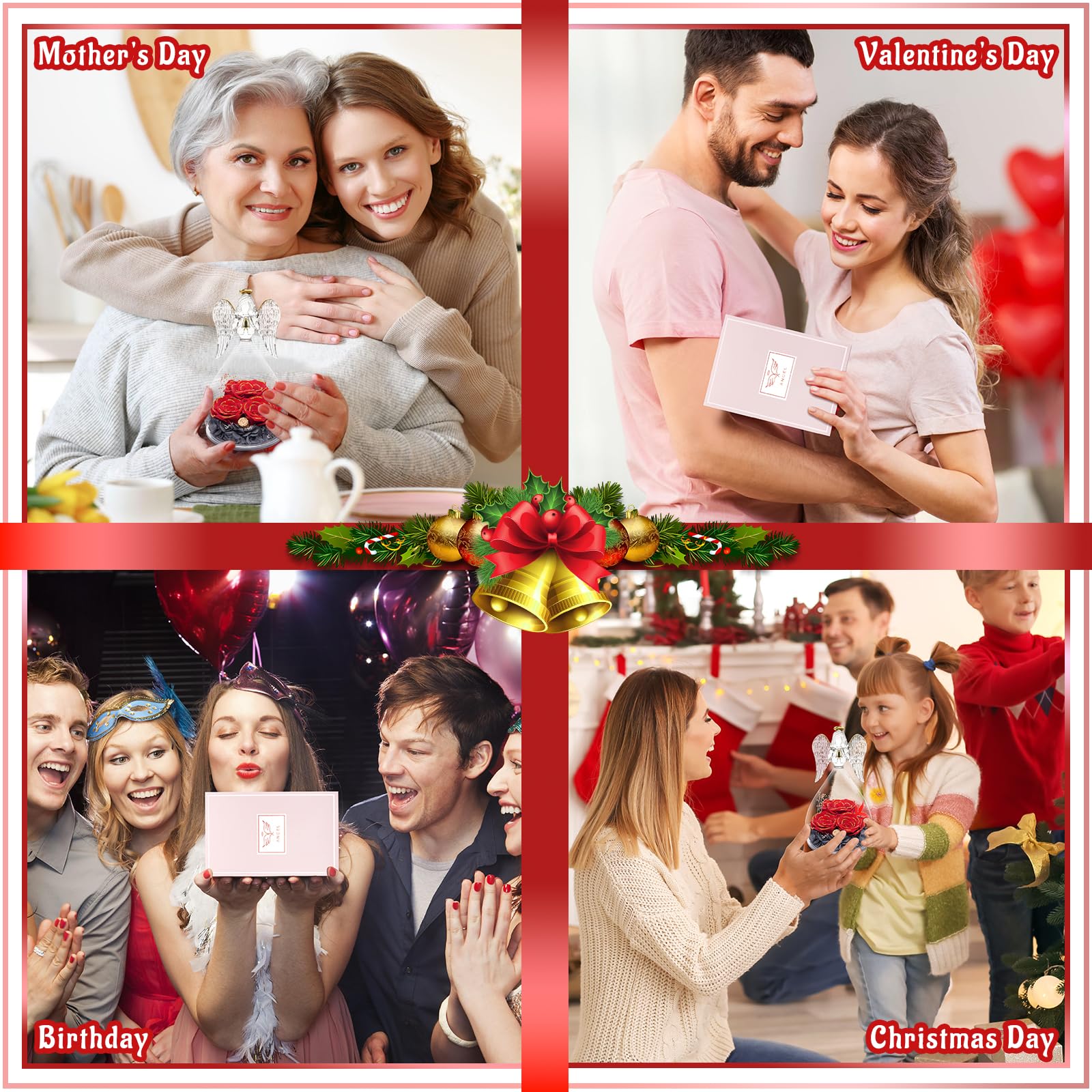Sunia Cadeau Saint Valentin Femme, Rose Eternelle Cadeau Maman, 3 Fleur Eternelle avec Ange Figurine, Cadeau Anniversaire Femme, Cadeau Maman/Mamie, Ange Gardien Vraie Rose, Cadeau Fete des Grand Mere