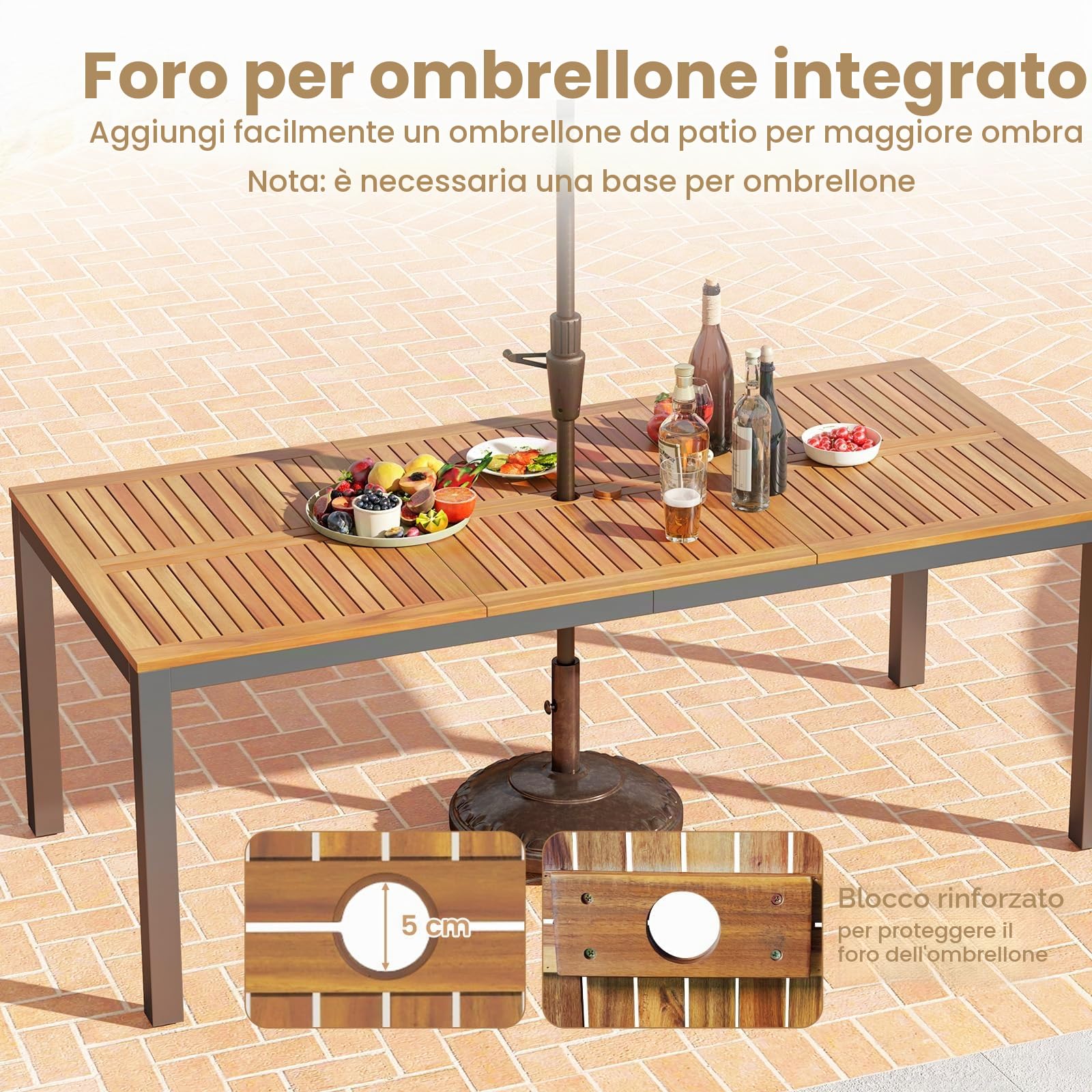 GIANTEX Tavolo da Giardino in Legno di Acacia per 8 Persone, Tavolo Rettangolare da Pranzo con Foro per Ombrellone, Struttura in Metallo, 200 x 90 x 75 cm, Naturale e Nero