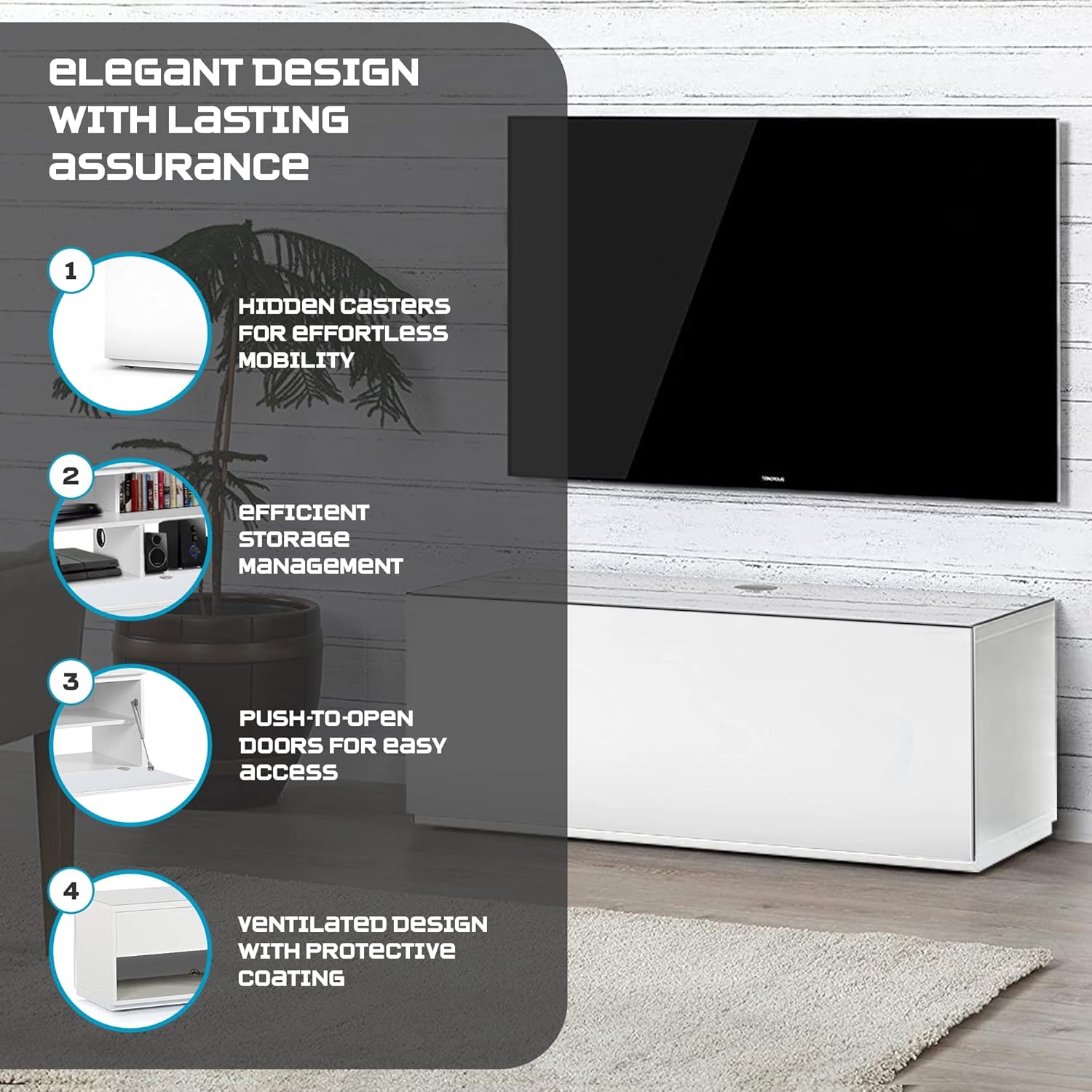 SONOROUS ST-110 Premium TV Stand with White Glass & White Wood Cover – Modern Entertainment Center & Media Console for Living Room – TV Cabinet up to 65 Inch with Hidden Wheels – Sleek Storage Design