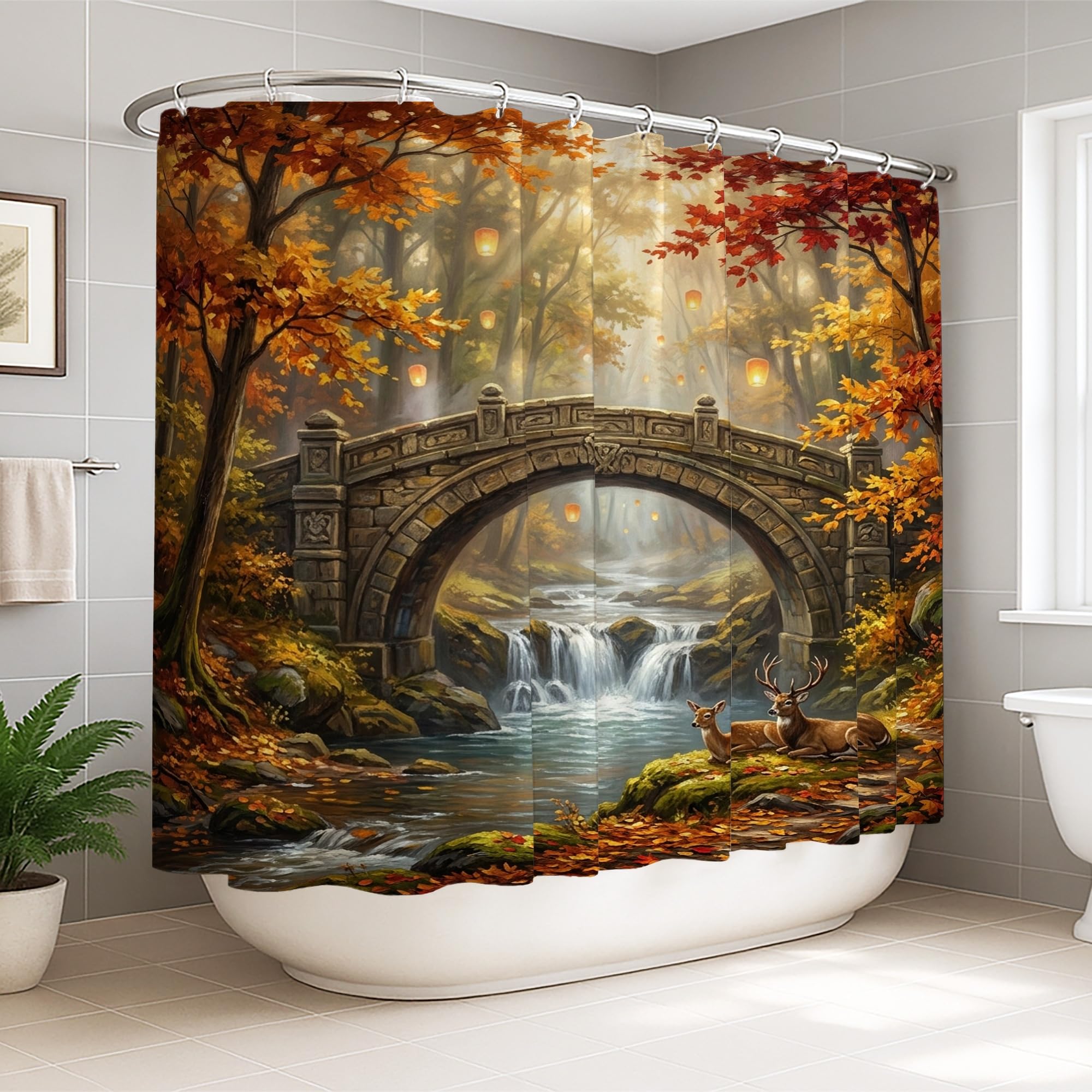 Rideau de douche extra large orange motif cascade rustique pour grande salle de bain