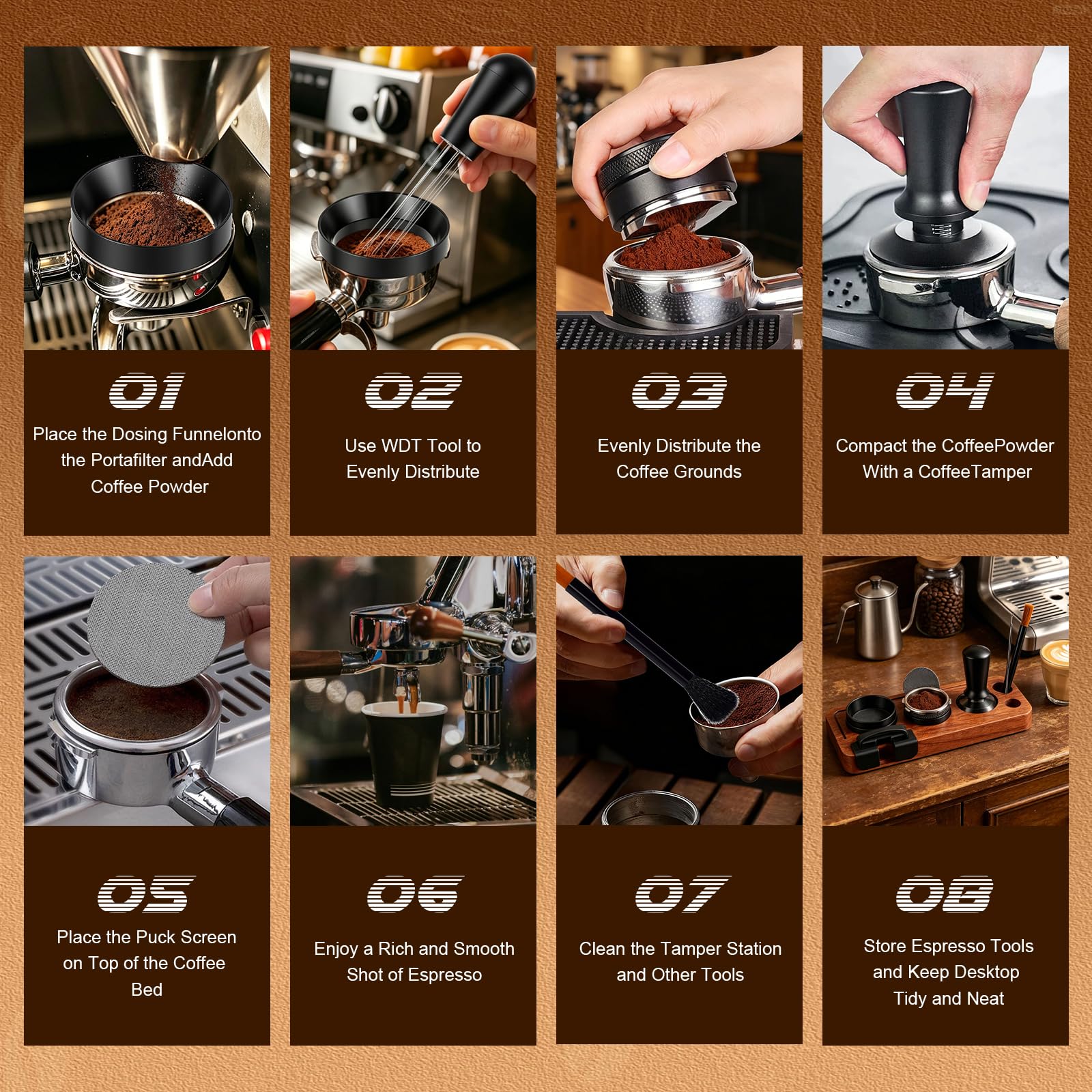 Espresso Zubehör Set 8-teilig, 51mm Kaffee Tamper mit Tamperstation und WDT Werkzeug, Verteilwerkzeug & Dosierring für Siebträger, geeignet für Breville und Delonghi