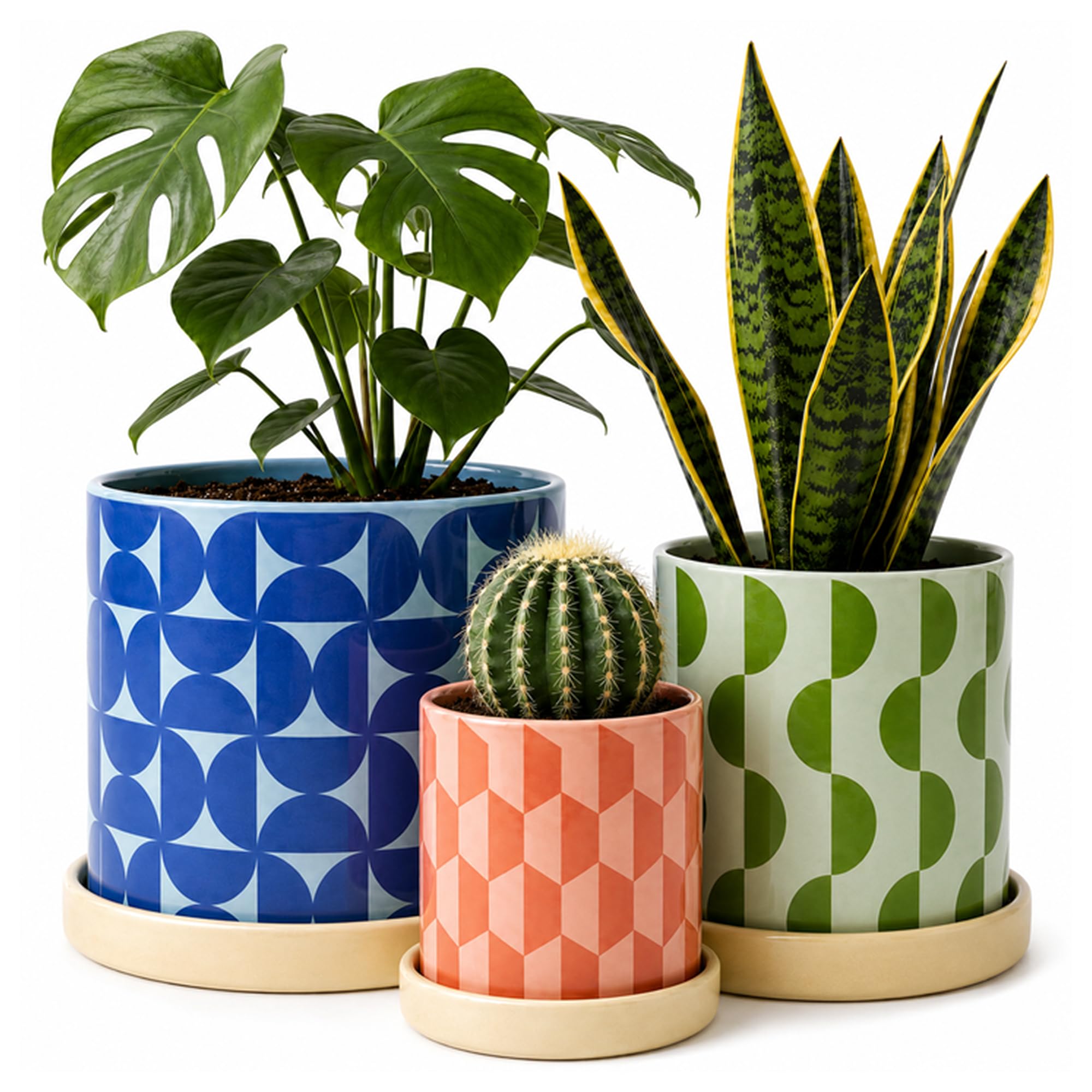Original Earthlings Set di 3 vasi in ceramica per piante da interno, motivo geometrico, con foro di drenaggio e sottovaso, vasi da fiori decorativi colorati per piante grasse, decorazione per la casa