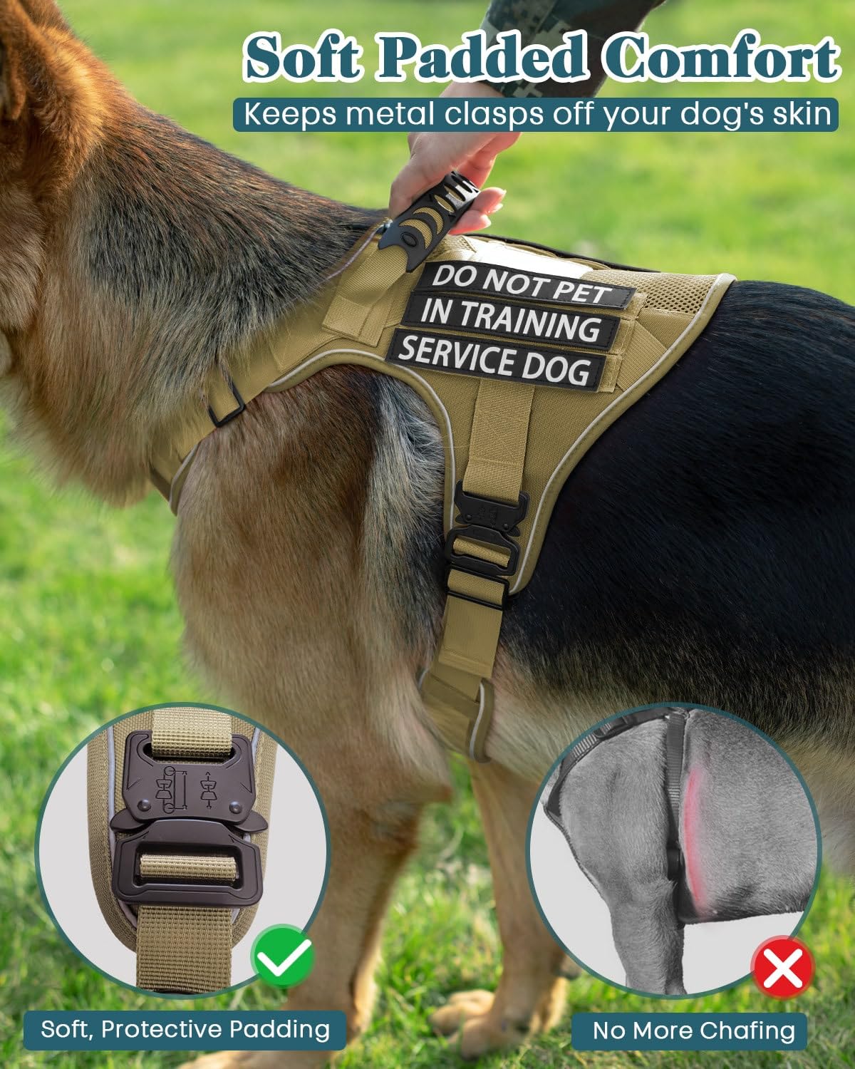 Taktisches Hundegeschirr, strapazierfähig, Netzgewebe, atmungsaktiv, kein Ziehen, Kontrollgriff, Klettverschluss, Molle-Panel mit 6 abnehmbaren Ptaches für Spaziergänge, Training, Wandern