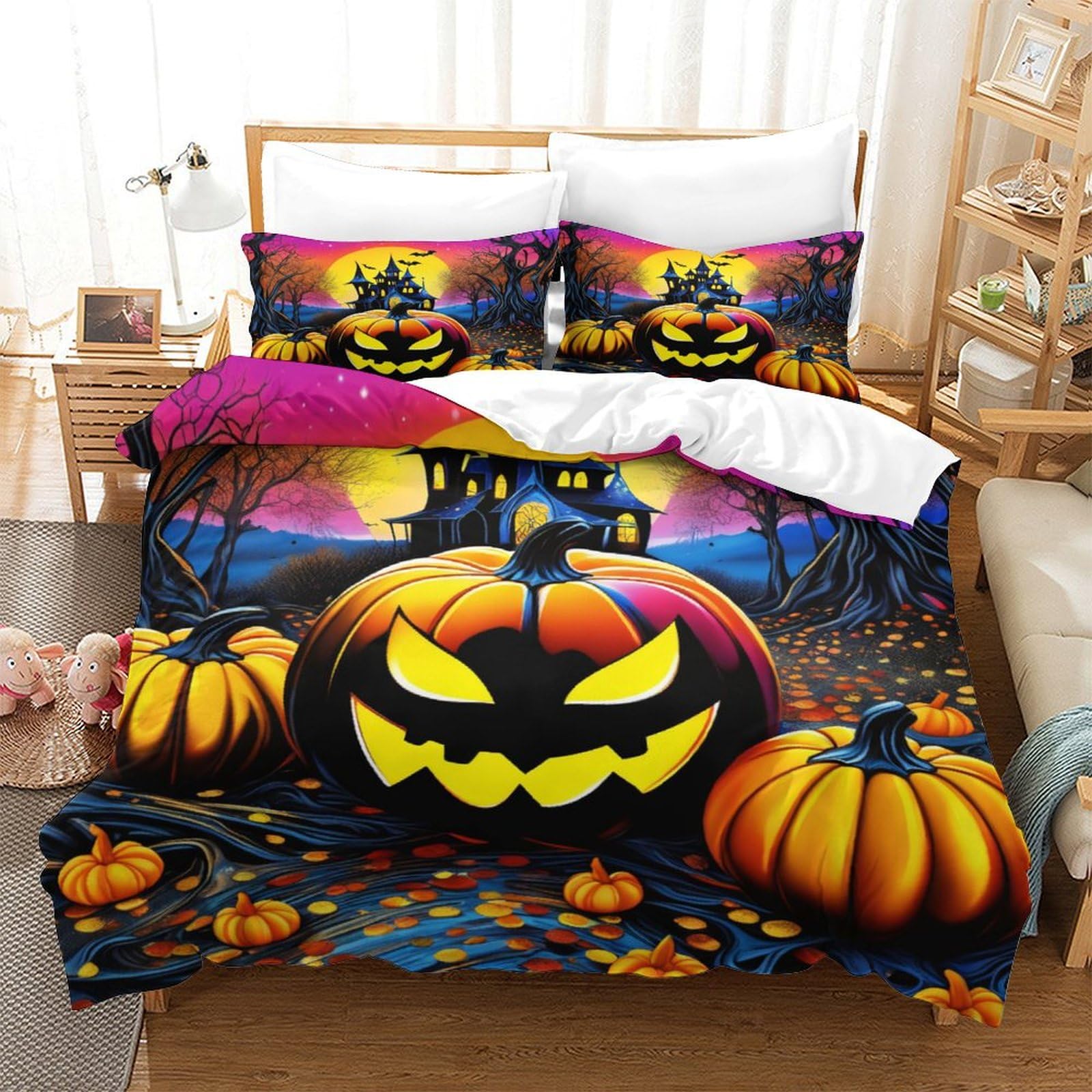 DCABEIOOE Halloween Pumpkin 3D Printed Bedding Set for Set for Kids Teens Boys Room Decor 3 Pcs Modern Bedroom Decor 3 Pcs Bedding Set Double（200x200cm）