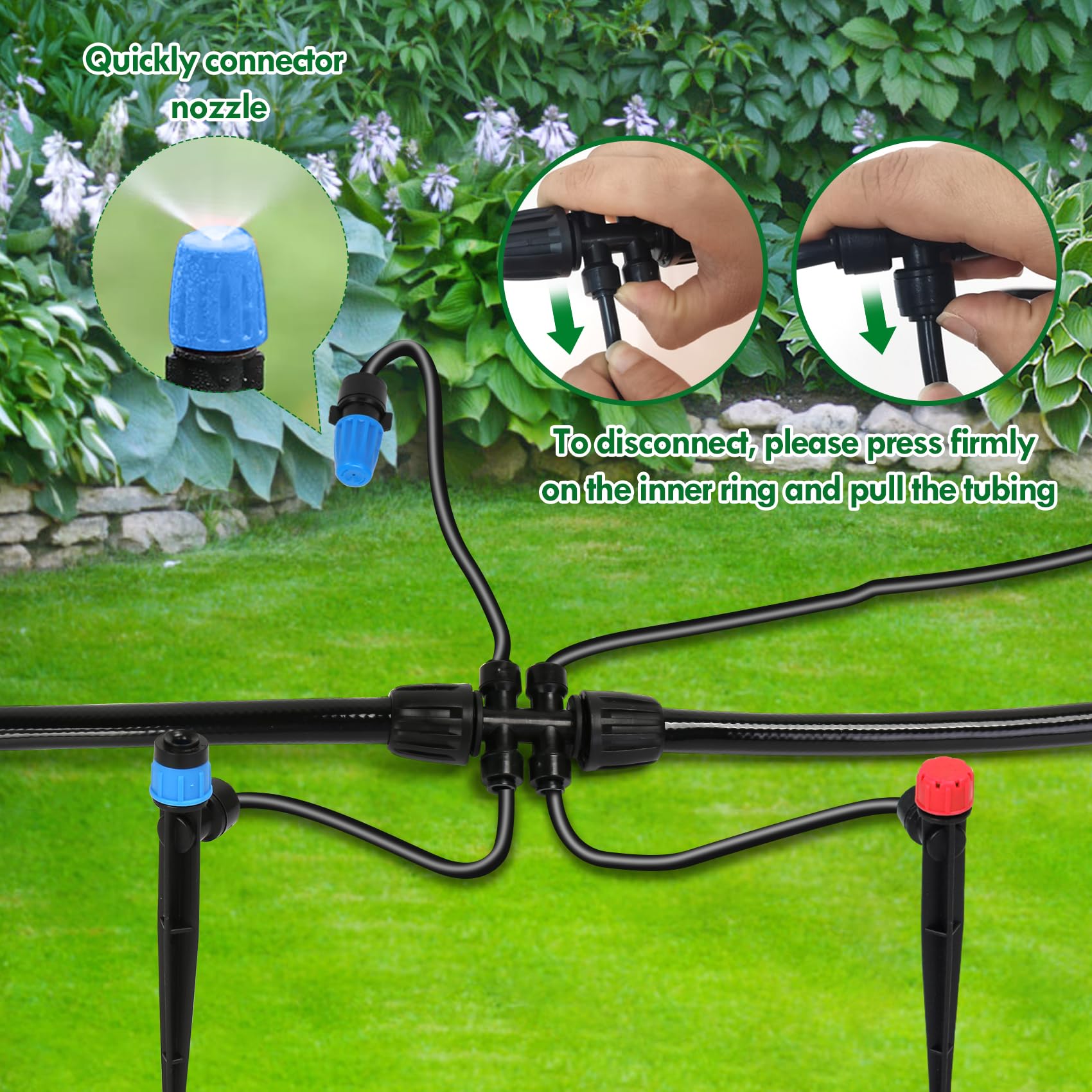 Kit di irrigazione a goccia, sistema di irrigazione a goccia regolabile per serre da 50 m, con tubi di irrigazione da 1/2" e 1/4", sistema di irrigazione per piante da giardino e prato