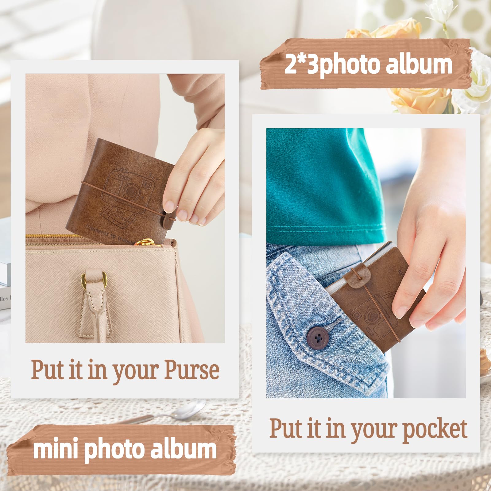 Álbum de fotos pequeño, mini álbumes de fotos de 2 x 3 pulgadas para fotos de tamaño cartera Polaroid, libro de fotos portátil de bolsillo de piel sintética para 100 fotos, regalo para mujeres, mamá y