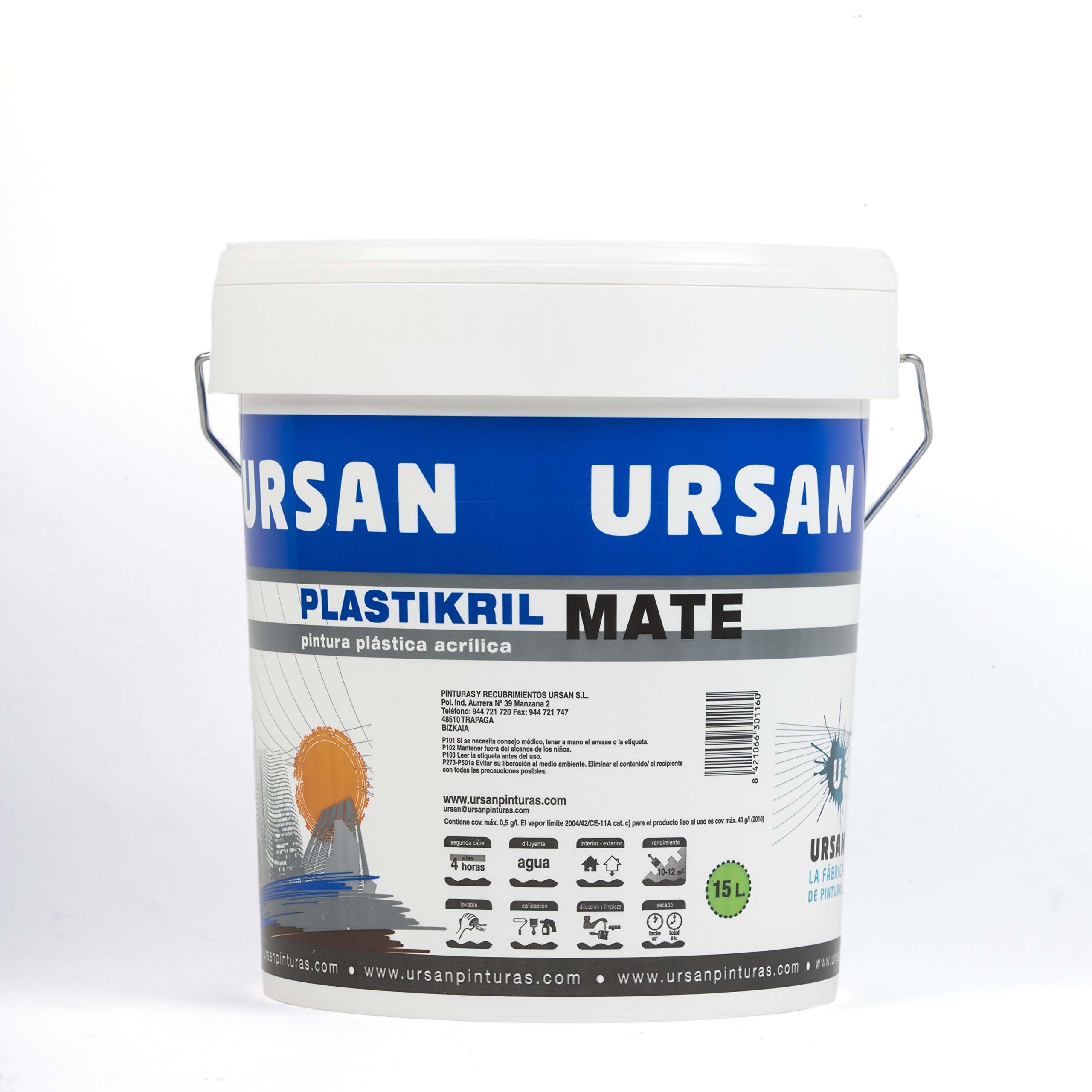 Ursan - Plastikril Mate | Pintura Blanca Exterior e Interior Mate - Para Fachadas con Alta Resistencia a Agentes Atmosféricos - 15 Litros BLANCO