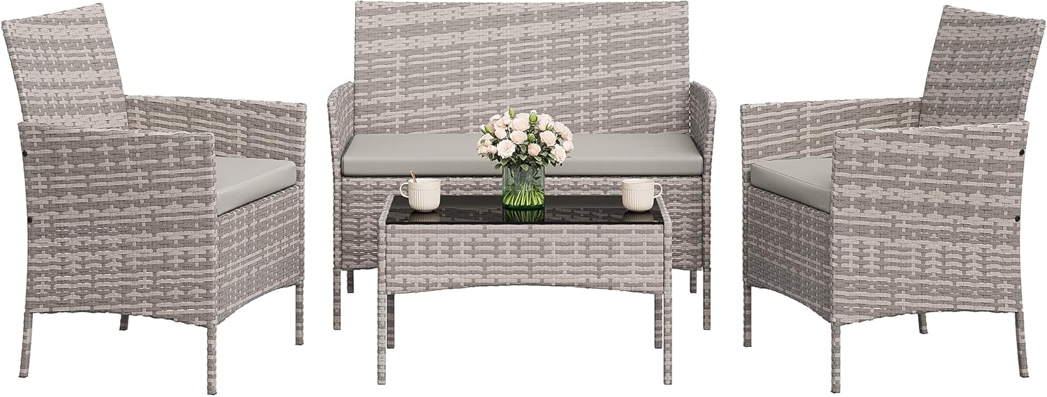 4-Piece Outdoor Furniture Set, PE Rattan Wicker Chairs with Soft Cushions & Tempered Glass Coffee Table - All-Weather Patio Set for Garden, Backyard, Porch, Poolside (Gray/Light Gray)
