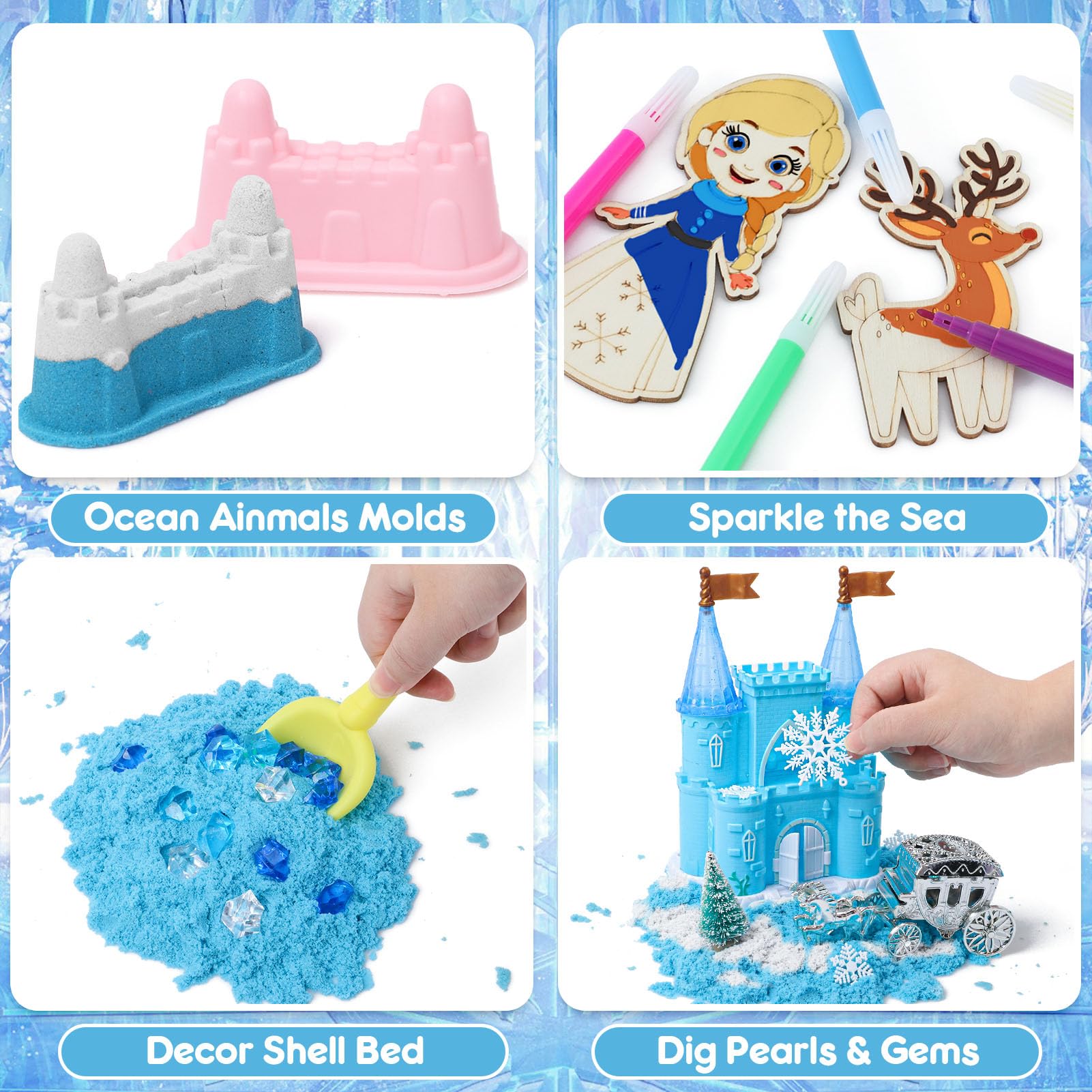 Vamei Sable Magique, Frozen Bac à Sable Magique avec 900g Coloré Sable, Chateau, Jouet Reine des Neiges, Jouets Sensoriels Jouets de Sable Cadeau Reine des Neiges pour Enfant Garçon Fille 3 4 5 6 Ans